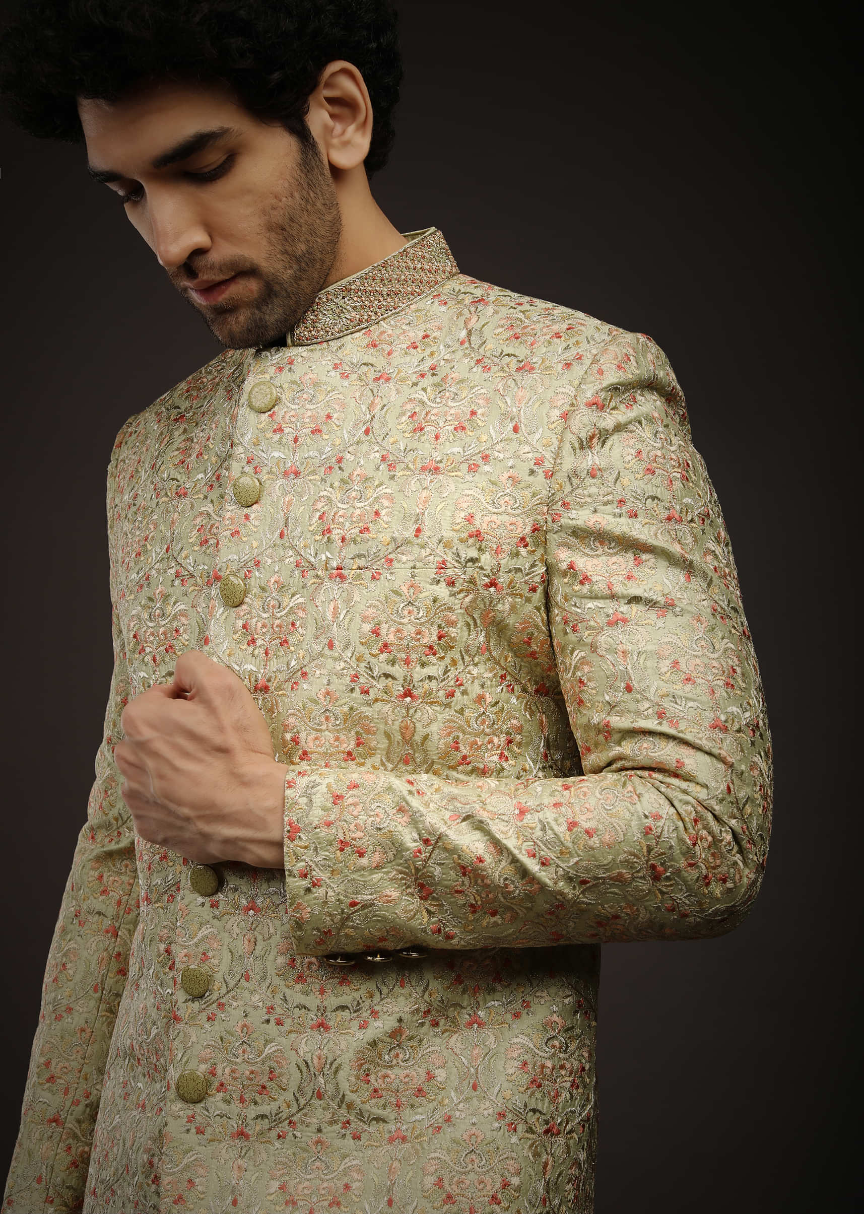 Pista Green Sherwani Set In Silk With Multi Colored Resham Embroidered Ethnic Jaal
