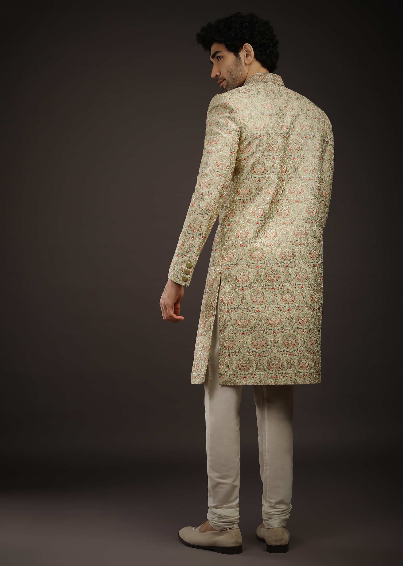 Pista Green Sherwani Set In Silk With Multi Colored Resham Embroidered Ethnic Jaal