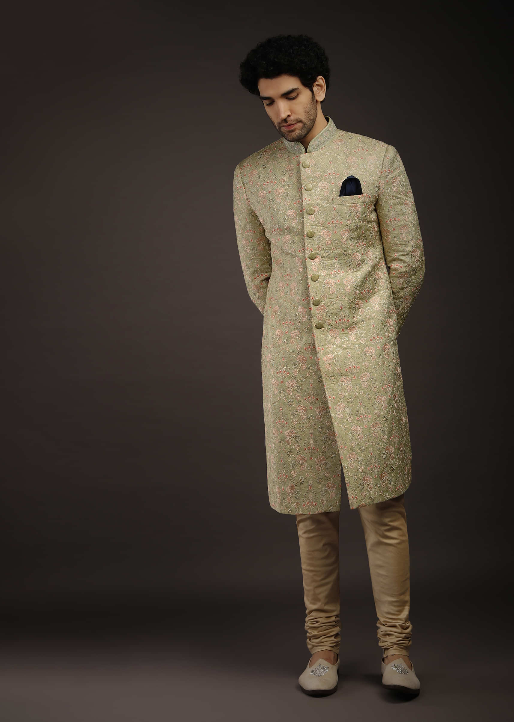 Pista Green Sherwani Set In Silk With Multi Colored Resham Embroidered Floral Jaal