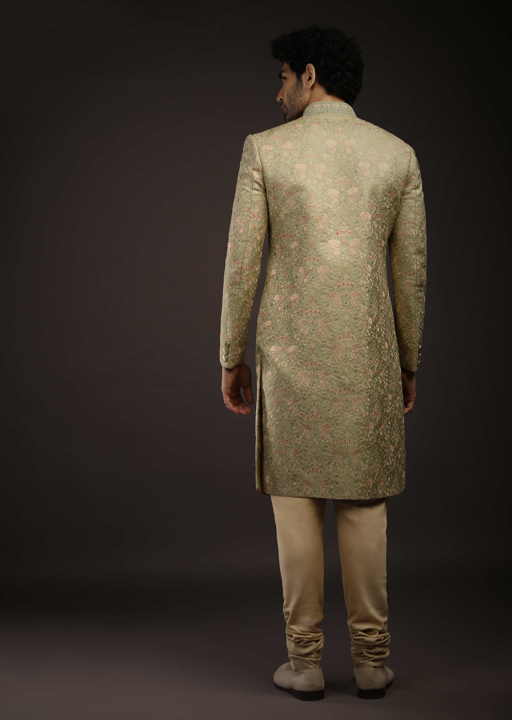 Pista Green Sherwani Set In Silk With Multi Colored Resham Embroidered Floral Jaal