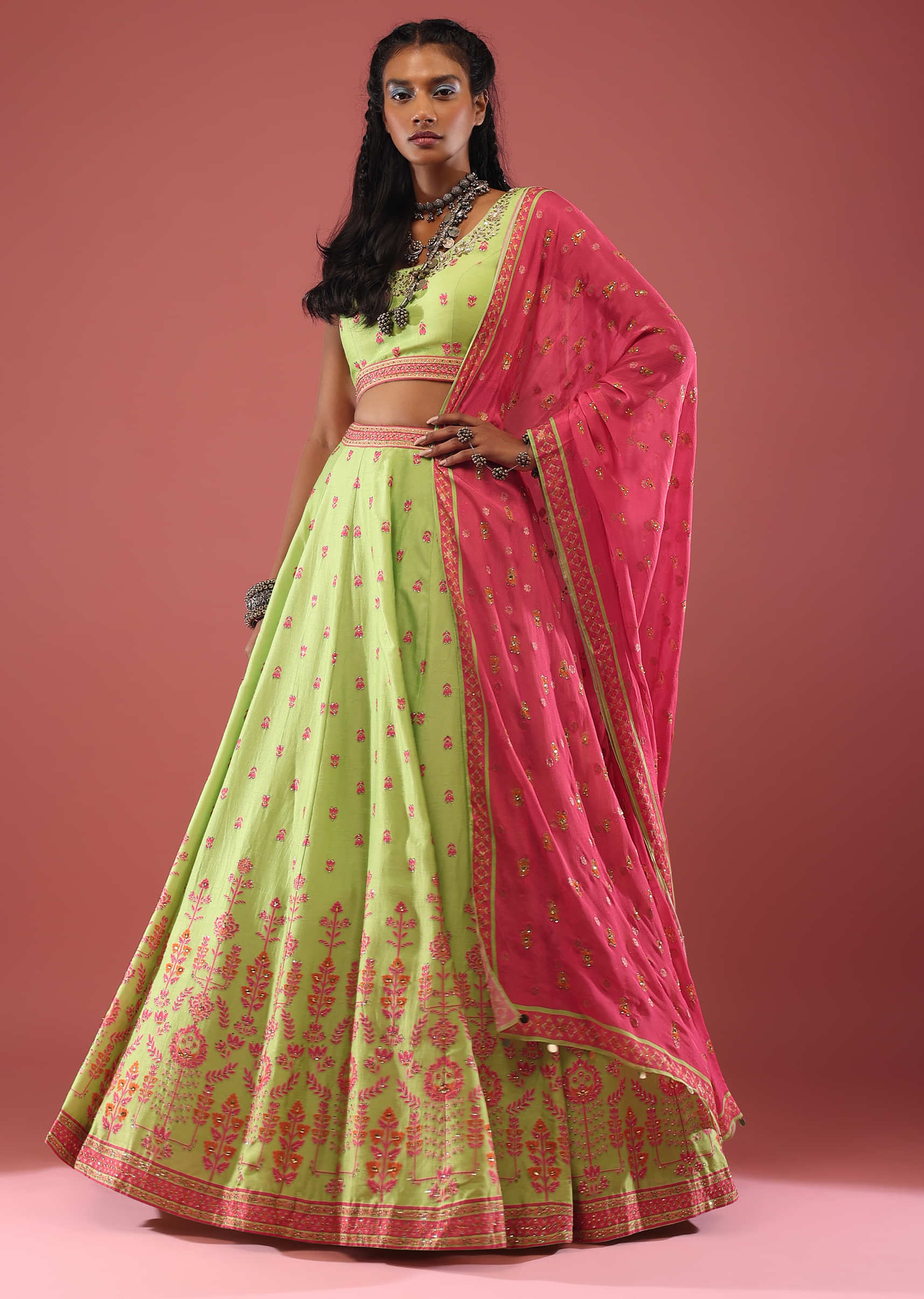 Pista Green Silk Lehenga And Blouse With Floral Print And A Well-Decorated Hem In Stone Work