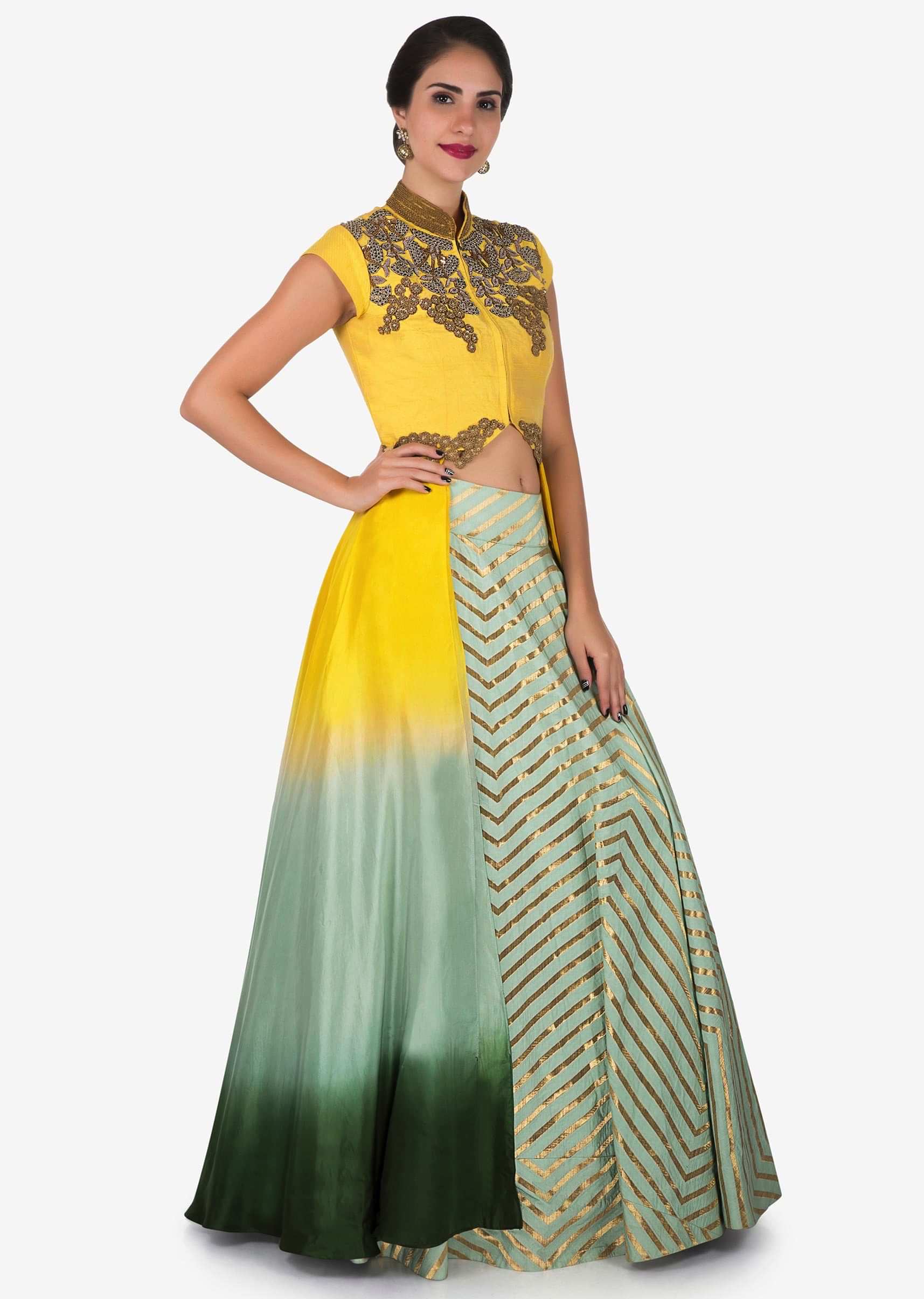 Pista Green Skirt In Silk With A Yellow Long Jacket In Heavy Zardosi Embroidery Work Online - Kalki Fashion