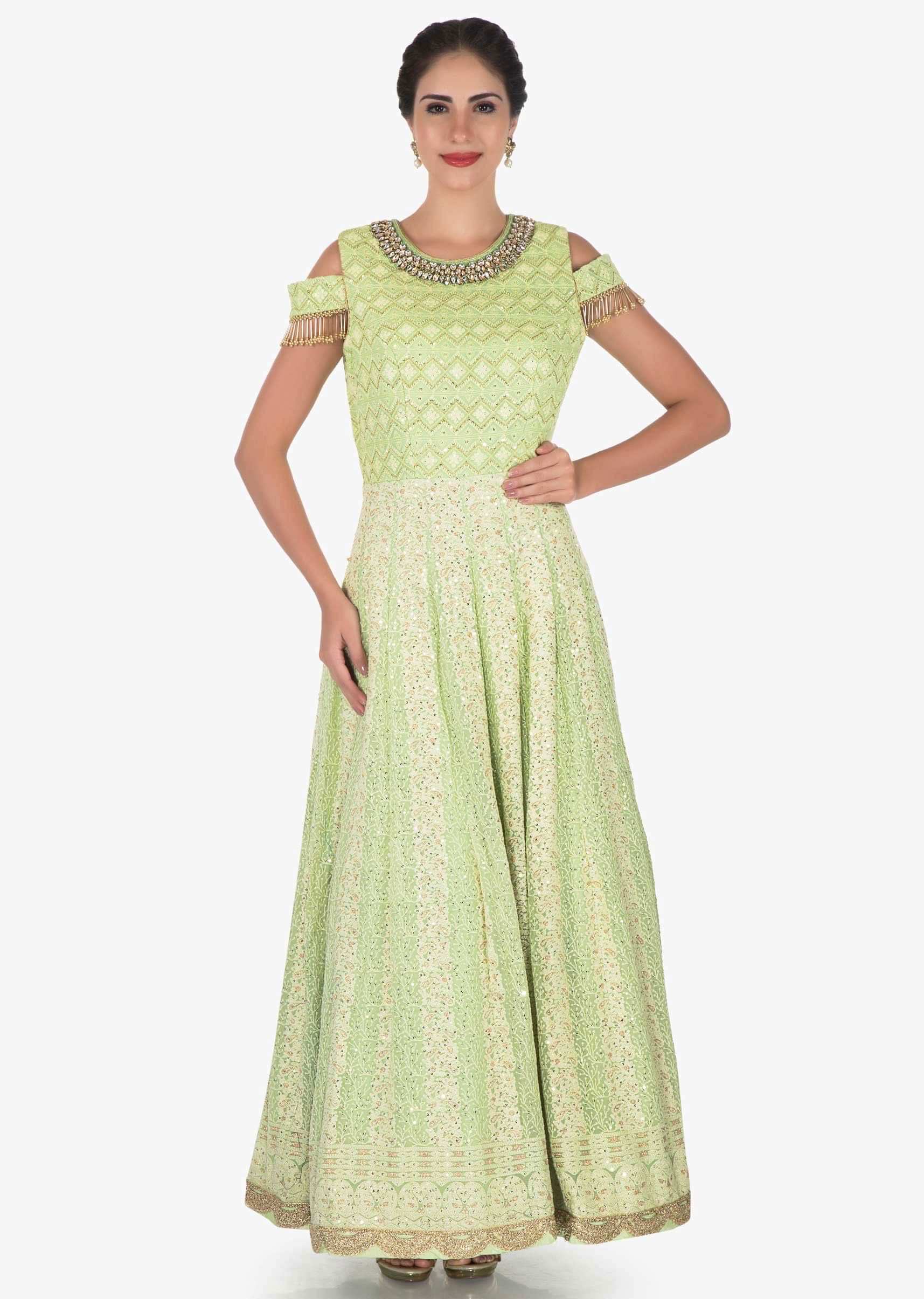 Pista Green Suit In Georgette Embellished In Heavy Stone And Tassel Embroidery Work Online - Kalki Fashion