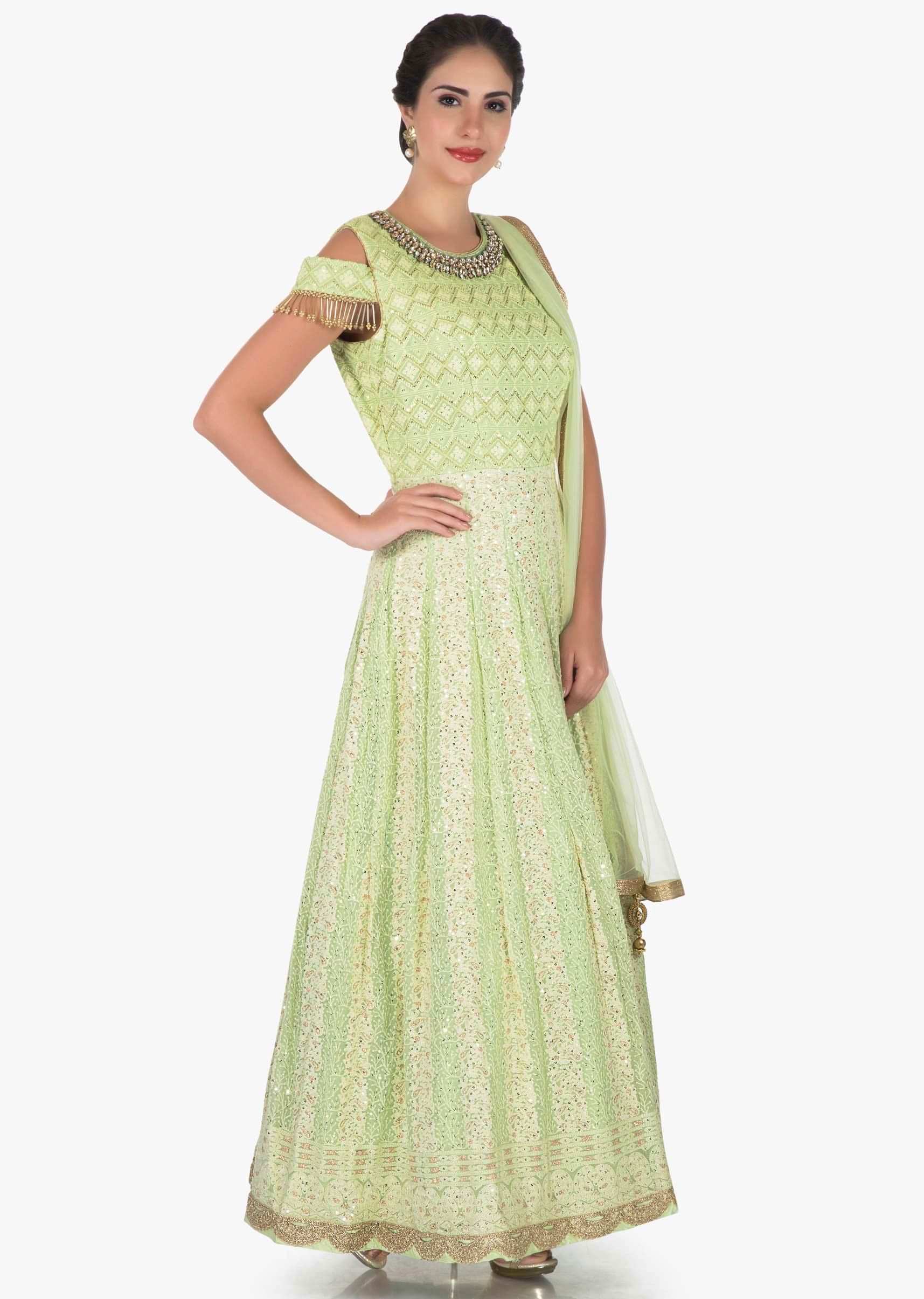 Pista Green Suit In Georgette Embellished In Heavy Stone And Tassel Embroidery Work Online - Kalki Fashion