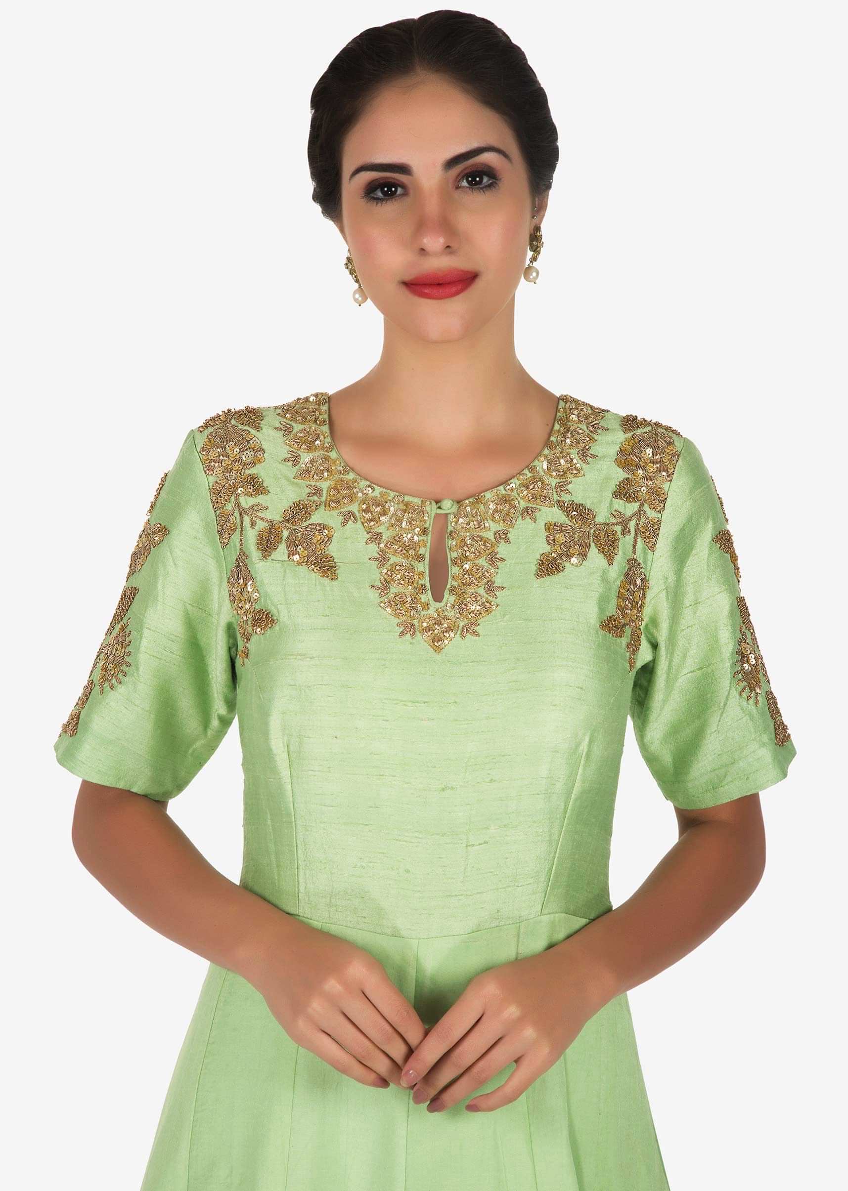 Pista Green Suit With Pink Dupatta Adorn In Zardosi And Sequin Work Online - Kalki Fashion