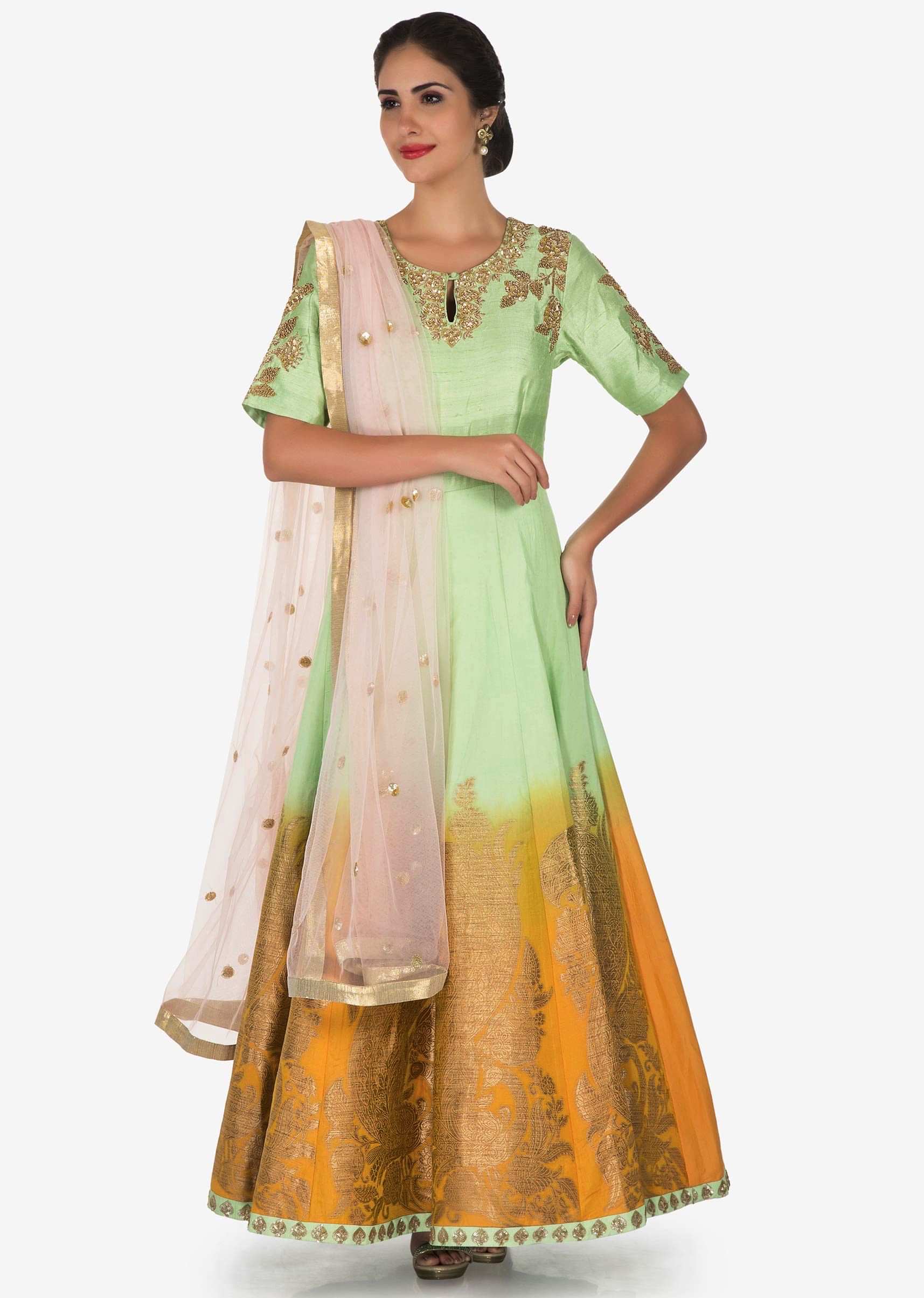 Pista Green Suit With Pink Dupatta Adorn In Zardosi And Sequin Work Online - Kalki Fashion