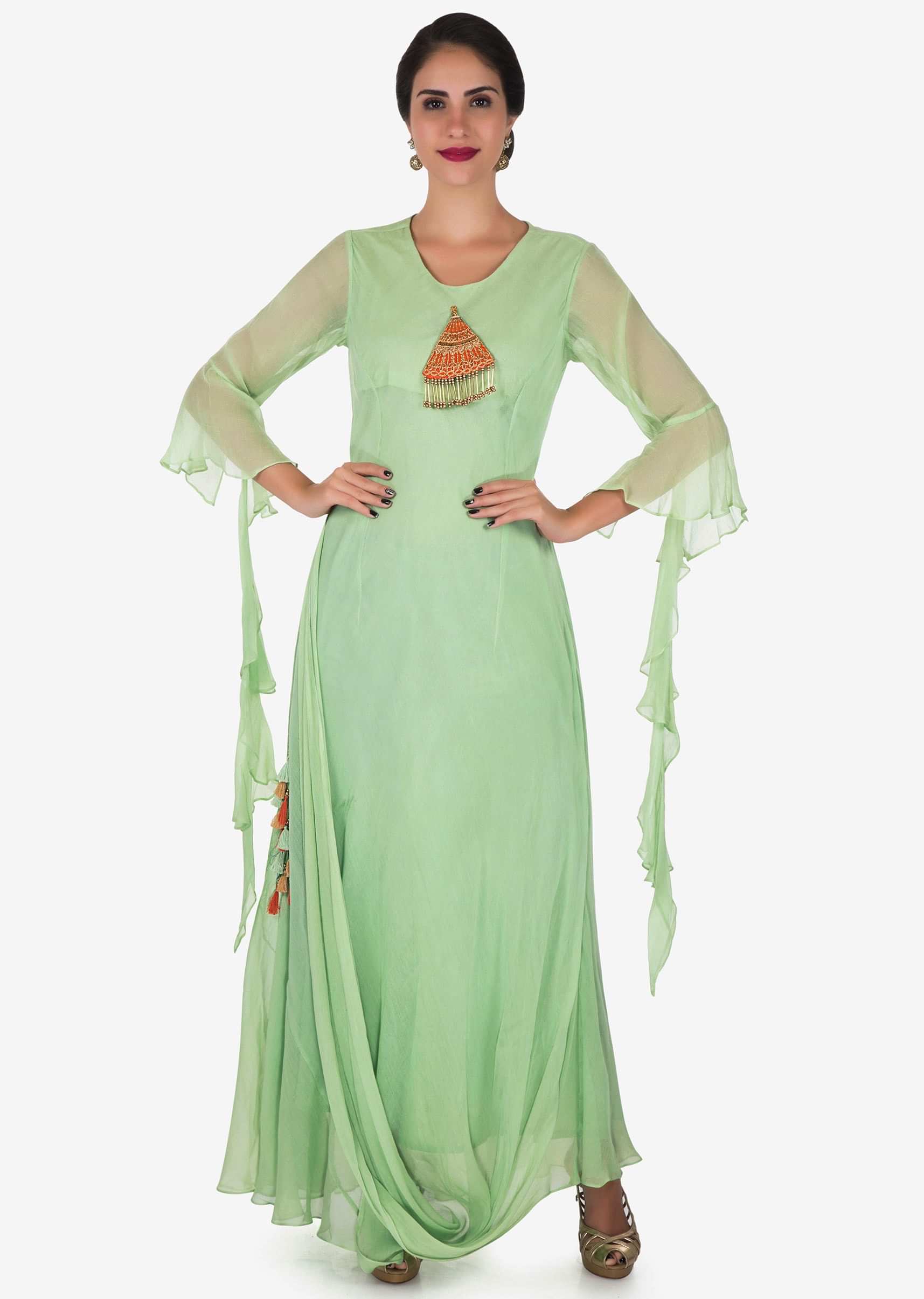 Pista green tunic in cotton with a embroidered tassel at the bodice only on Kalki