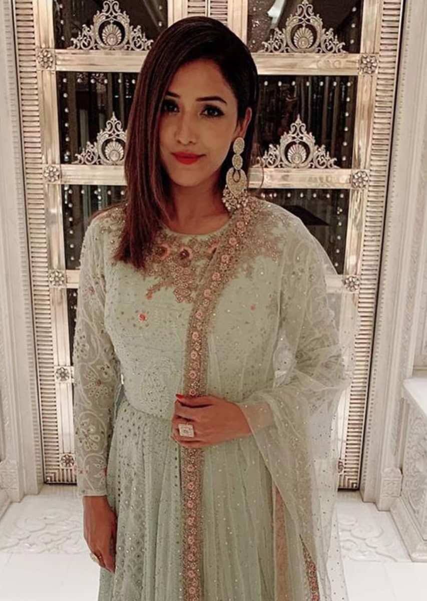 Neeti Mohan In Kalki Pistachio Green Georgette Anarkali In Lucknawi Thread Online - Kalki Fashion