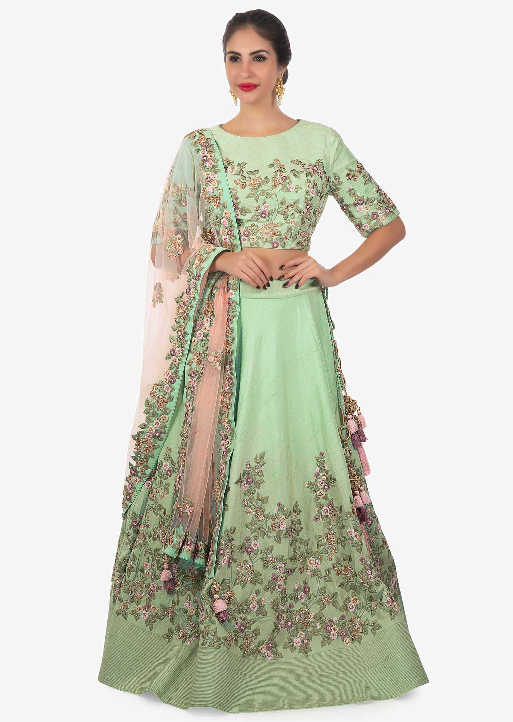 Pistachio lehenga set intricated with  French  floral motifs