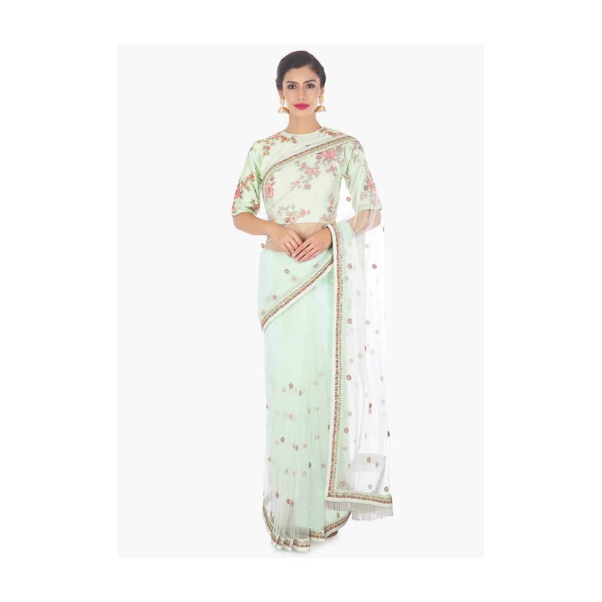 Pistachio Saree In Net Paired With A Matching Raw Silk Blouse Online - Kalki Fashion