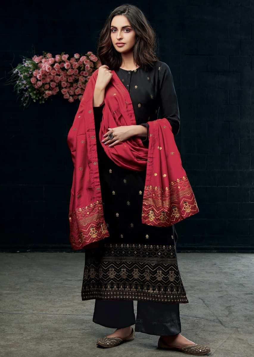 Pitch black unstitched suit in foil printed floral and geometric motif