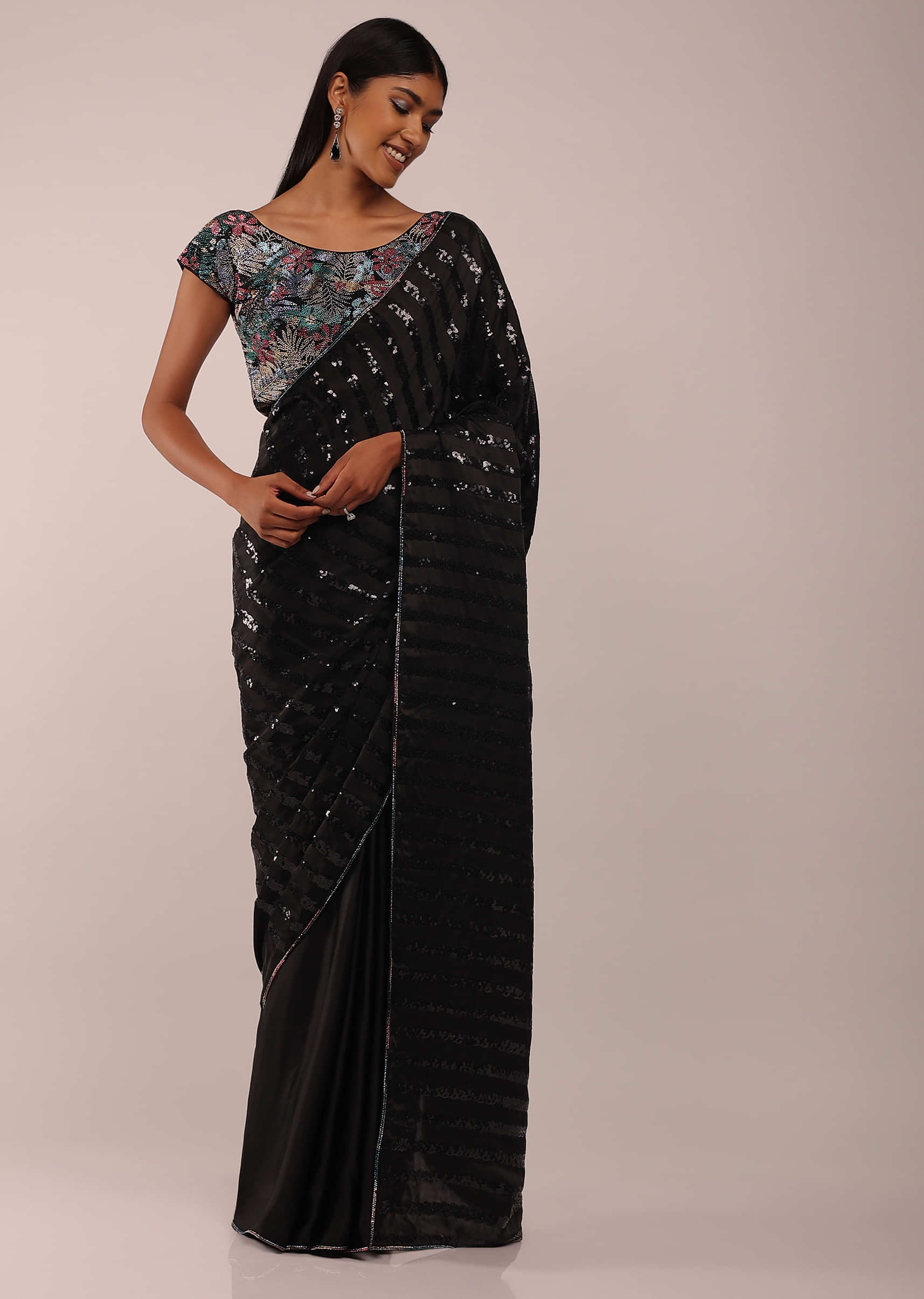 Pitch Black Satin Saree In Sequins Embroidery With Multi-Color Beads Embellishment On The Bottom Border