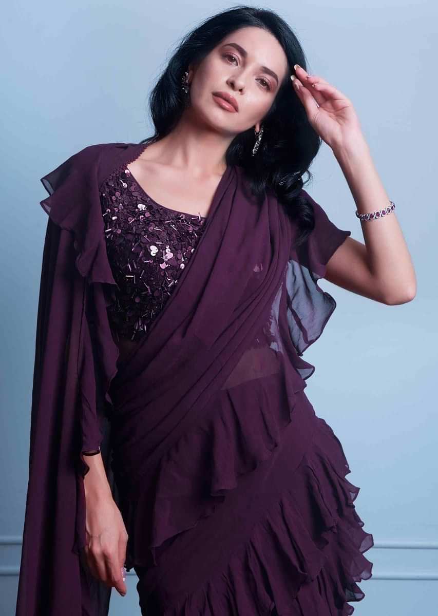 Plum Saree In Georgette With Ruffled Hem And Pallu Online - Kalki Fashion
