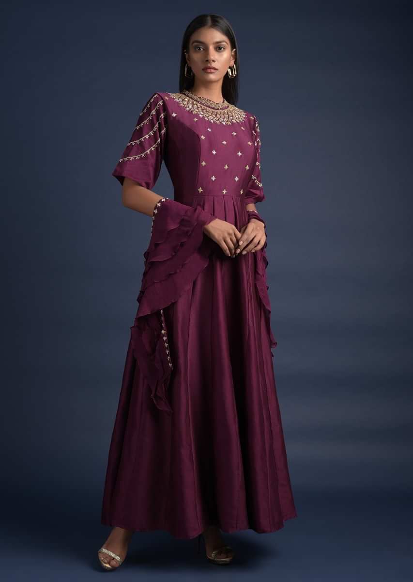 Buy Plum Purple Anarkali Suit With Embroidered Bodice And Ruffle Dupatta Online Kalki Fashion