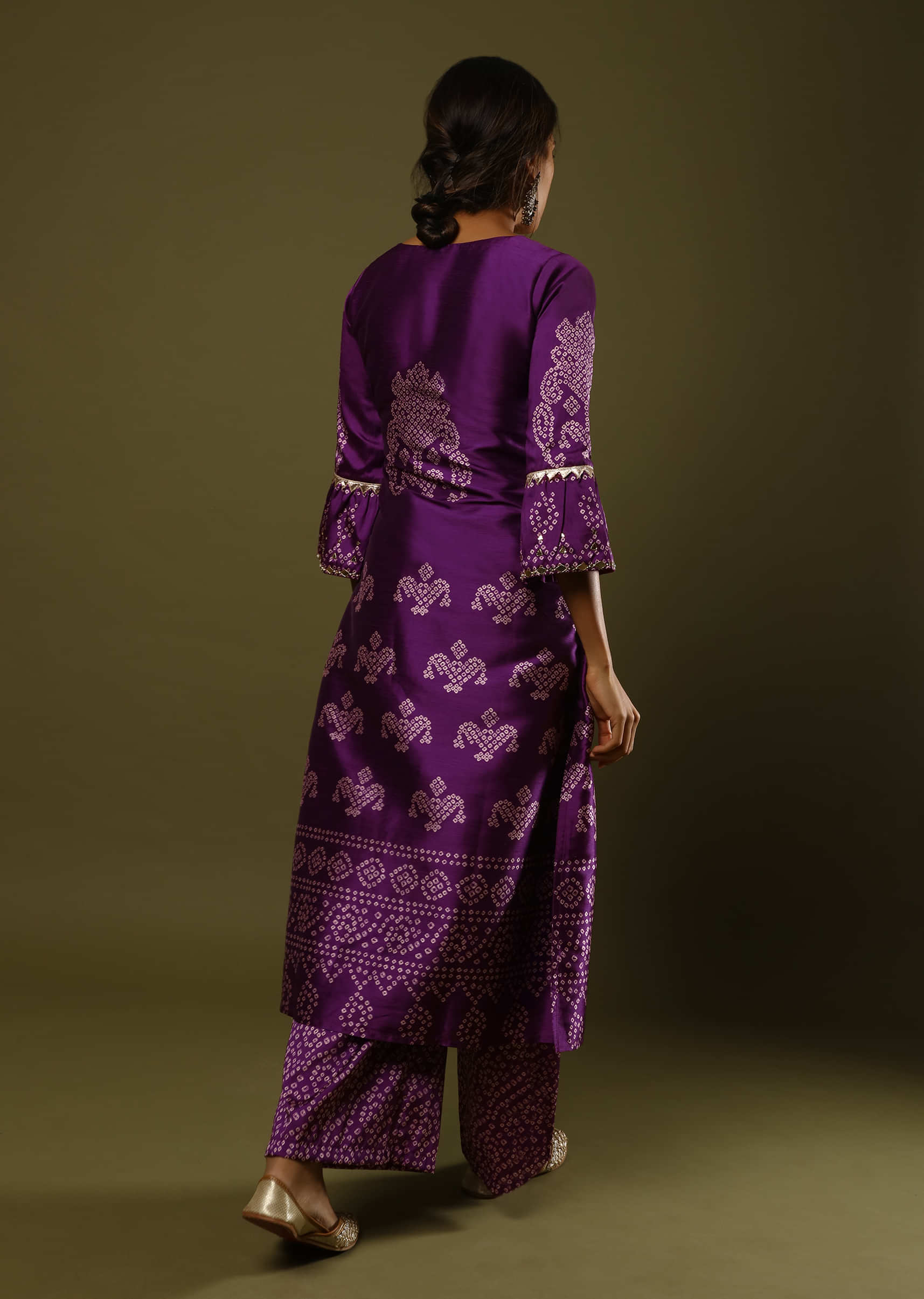 Plum Purple Palazzo Suit In Silk With Digital Printed Bandhani Motif And Foil Work  