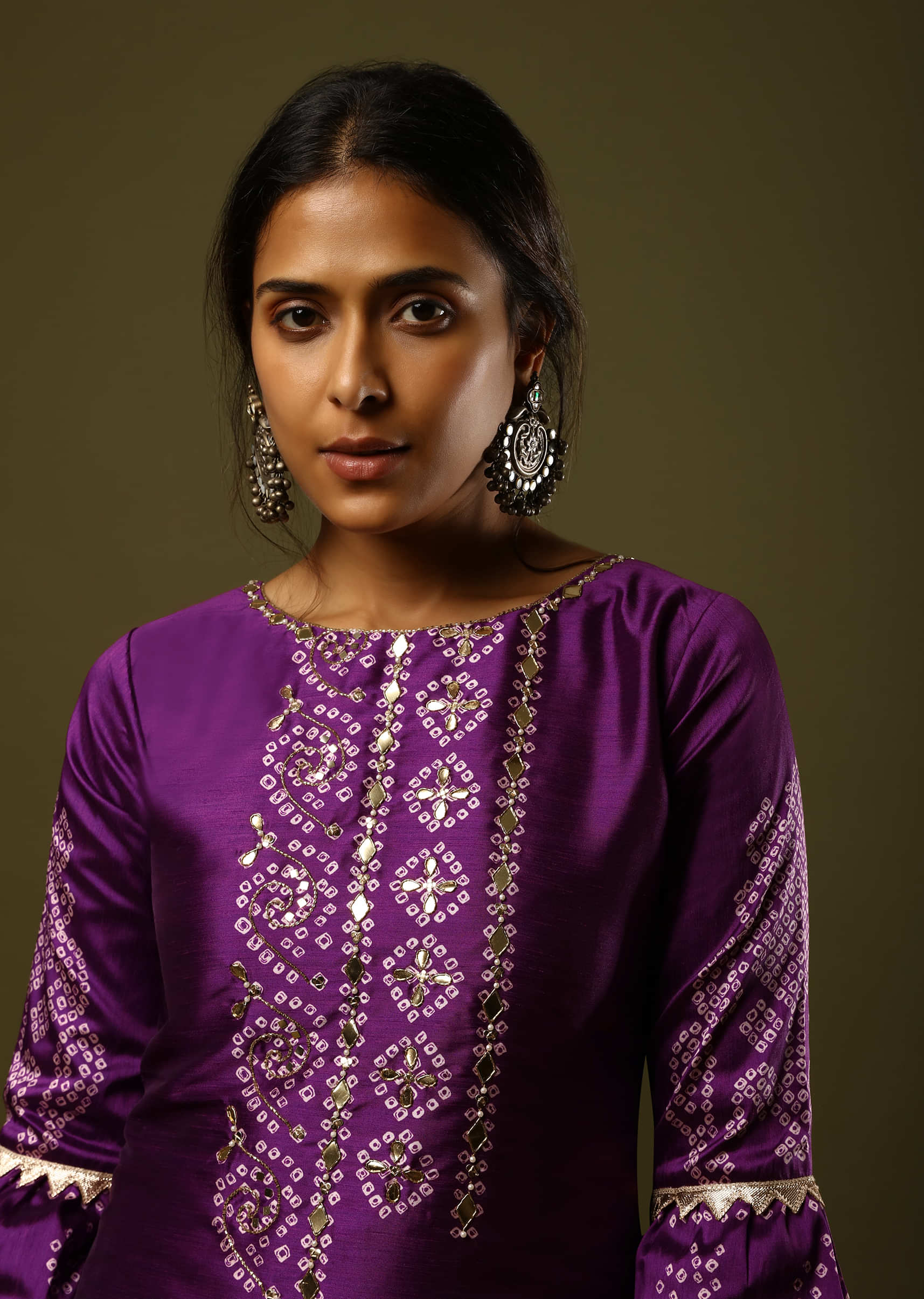 Plum Purple Palazzo Suit In Silk With Digital Printed Bandhani Motif And Foil Work  