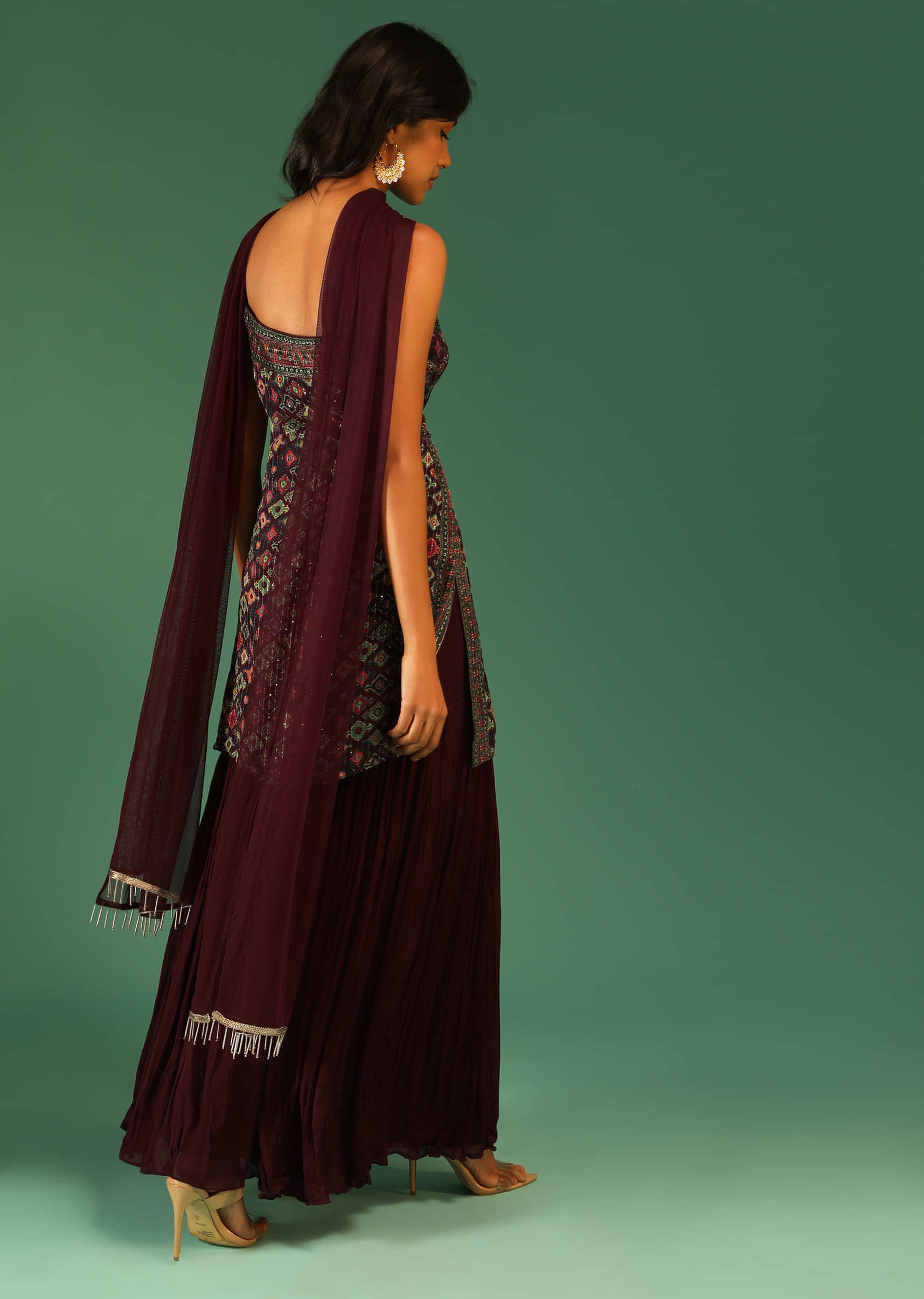 Plum Purple Sharara Suit In Chiffon With Patola Print All Over And Spaghetti Straps  