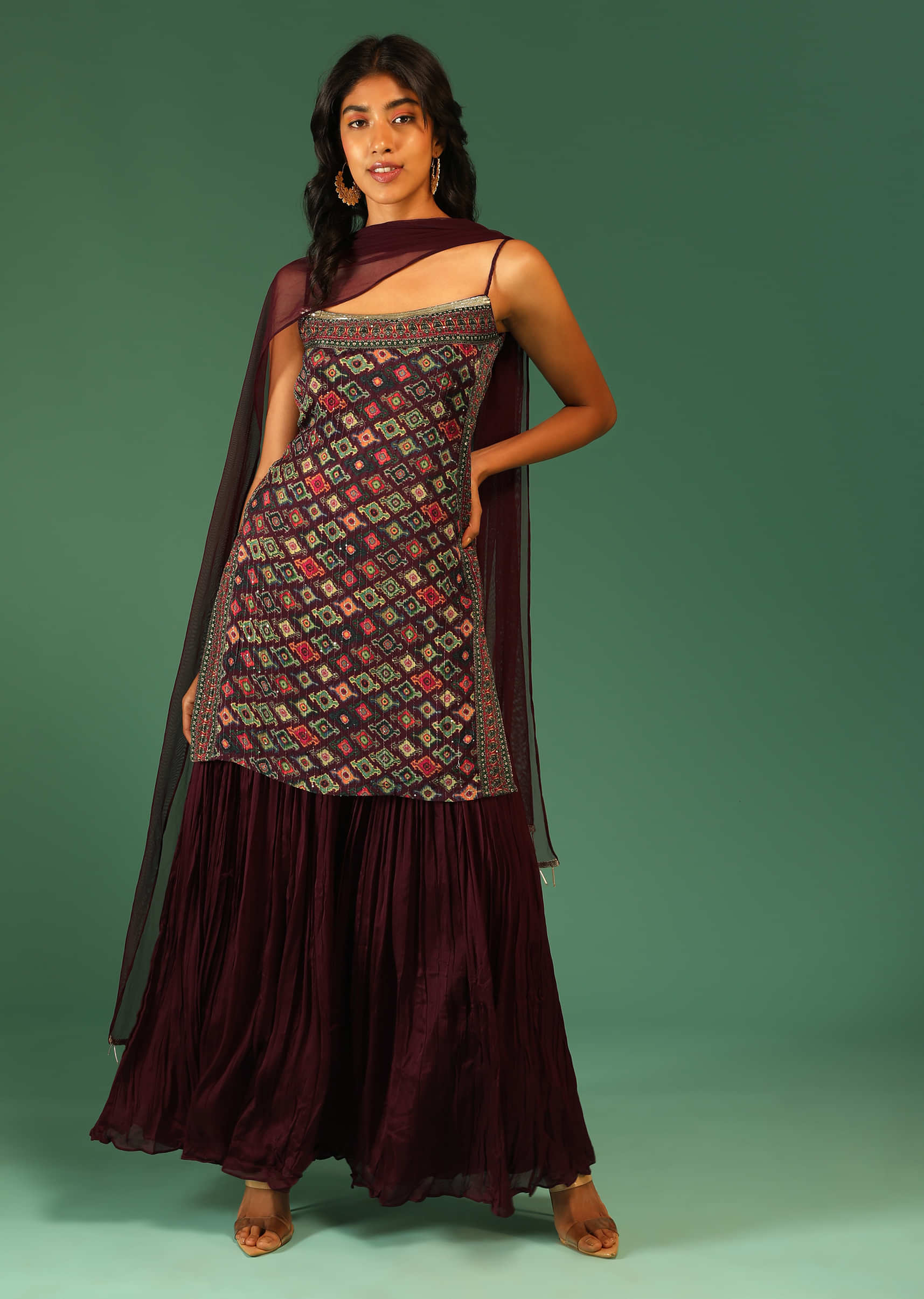 Plum Purple Sharara Suit In Chiffon With Patola Print All Over And Spaghetti Straps  