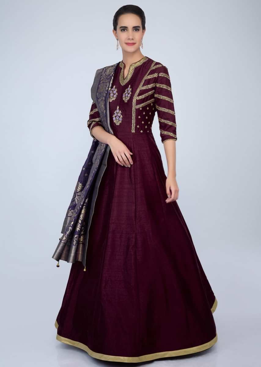 Plum Anarkali Dress In Raw Silk Embroidered With Purple Banarasi Cotton Brocade Dupatta Online - Kalki Fashion