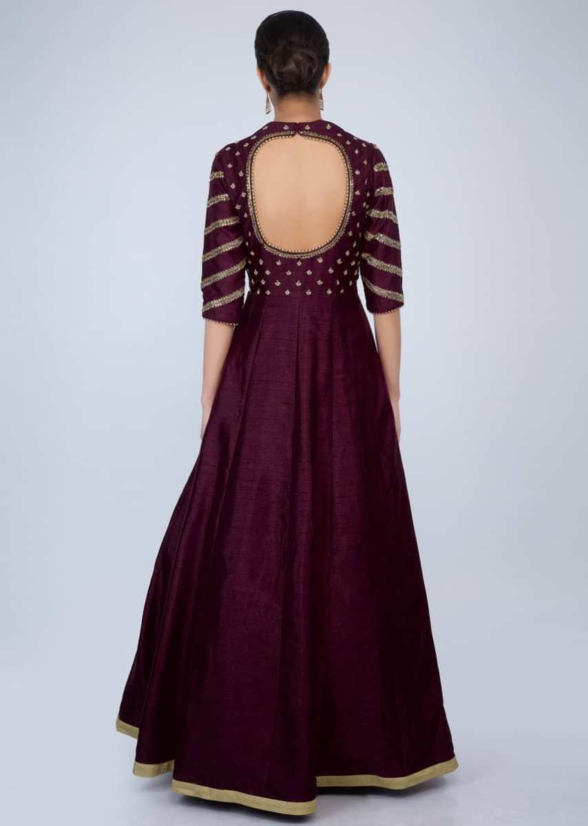 Plum Anarkali Dress In Raw Silk Embroidered With Purple Banarasi Cotton Brocade Dupatta Online - Kalki Fashion