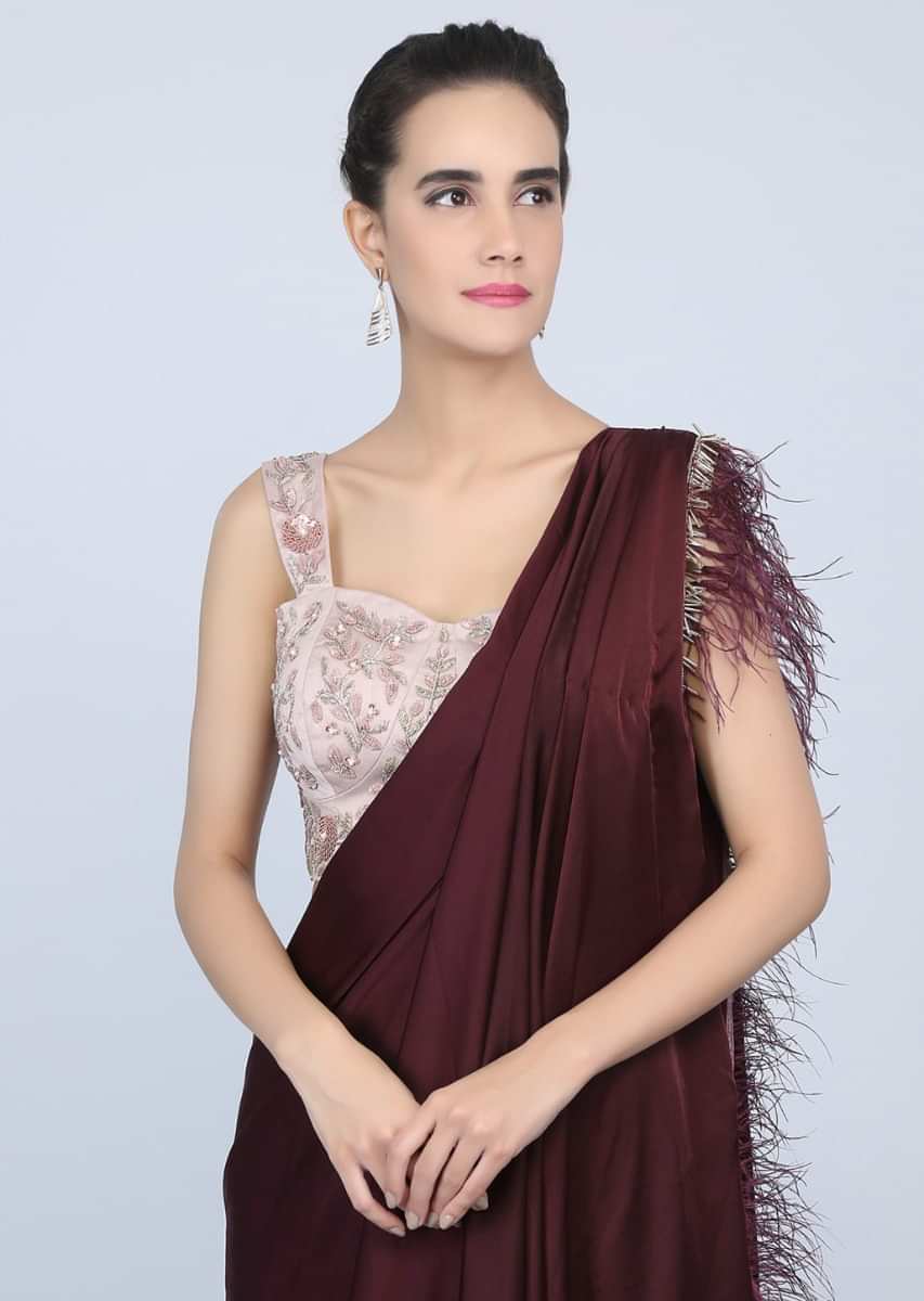 Plum Ready Plated Saree In Satin With Cowl Drape And Feathered Pallo Online - Kalki Fashion