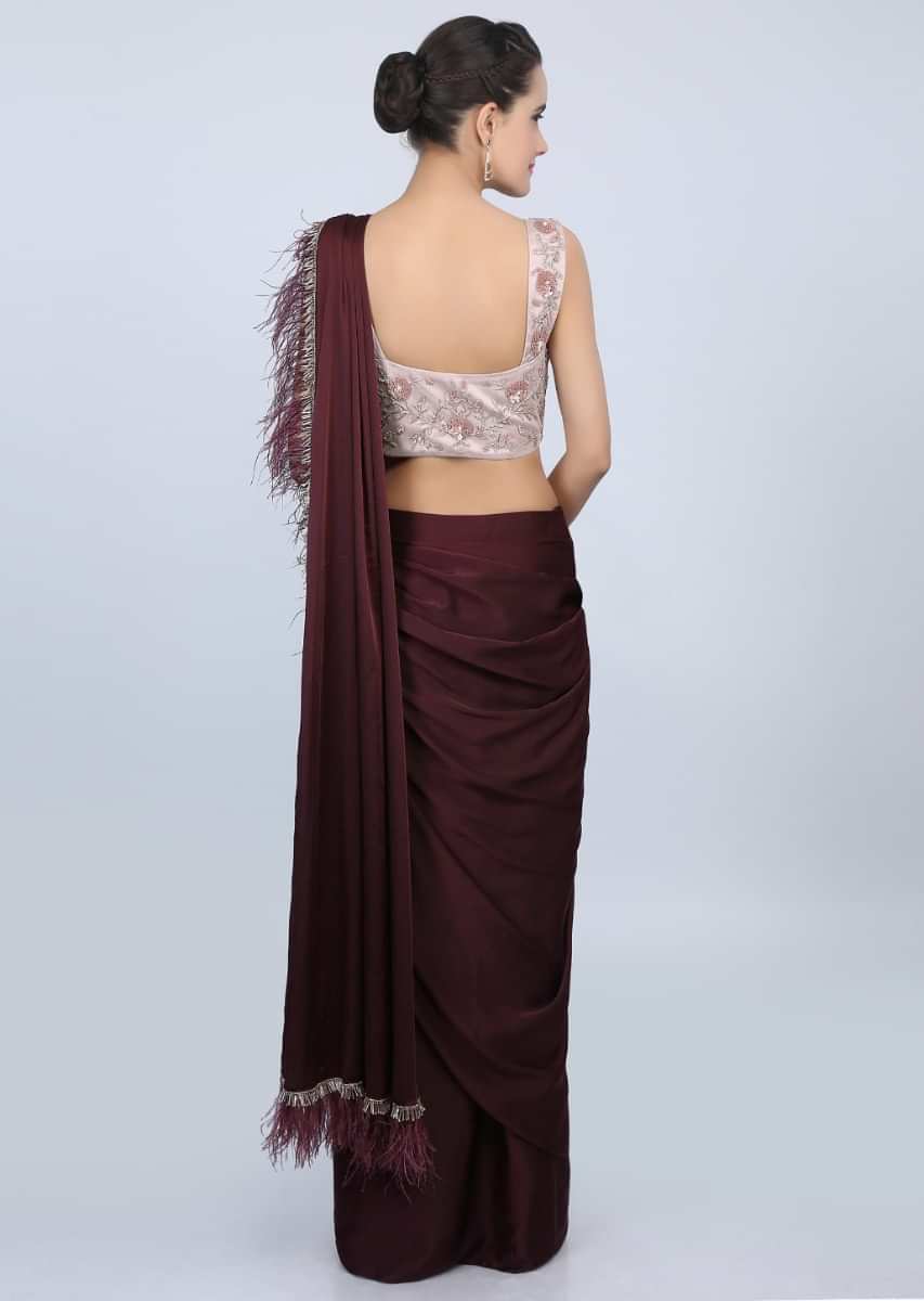 Plum Ready Plated Saree In Satin With Cowl Drape And Feathered Pallo Online - Kalki Fashion