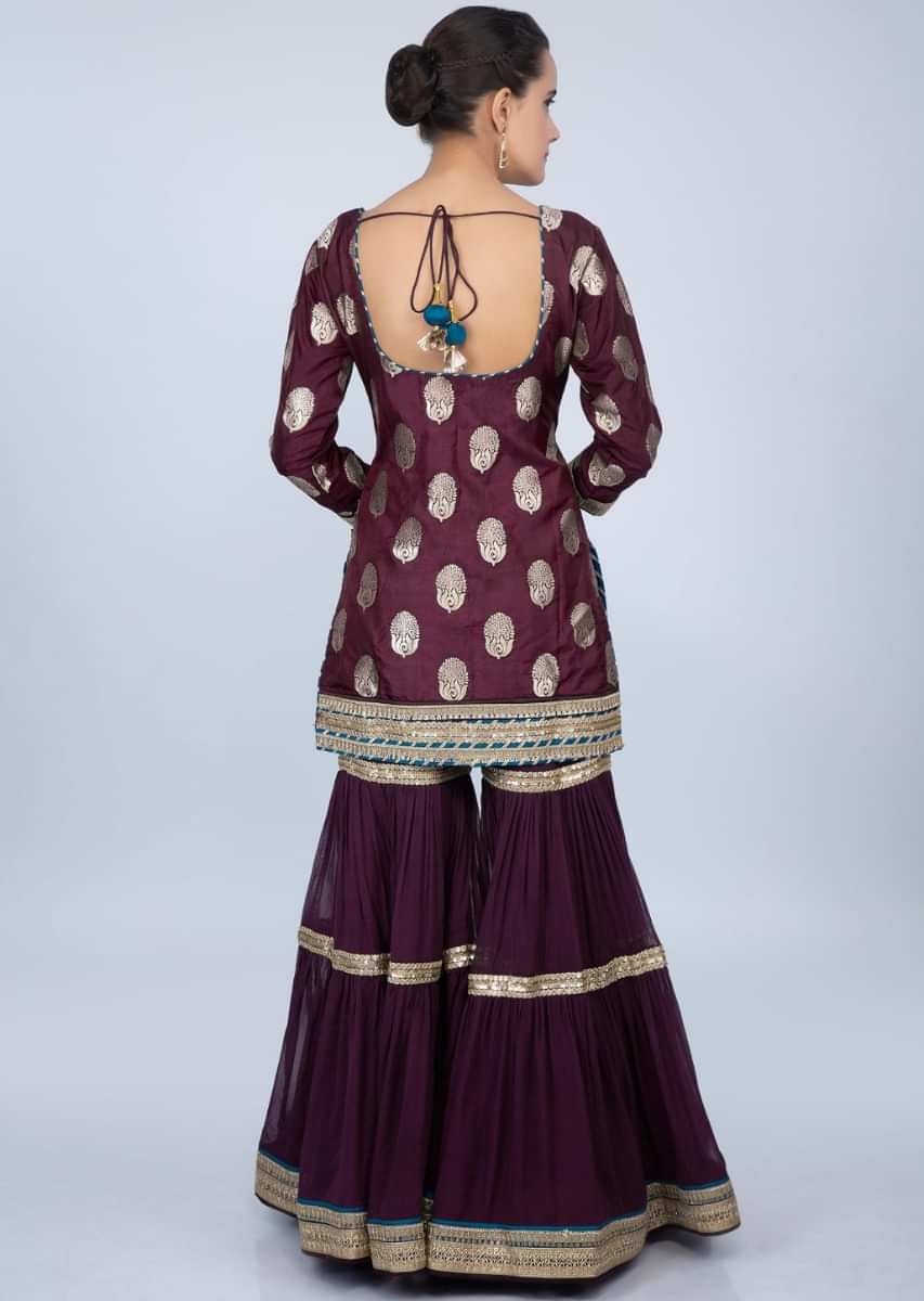 Plum sharara suit set with brocade butti only on kalki