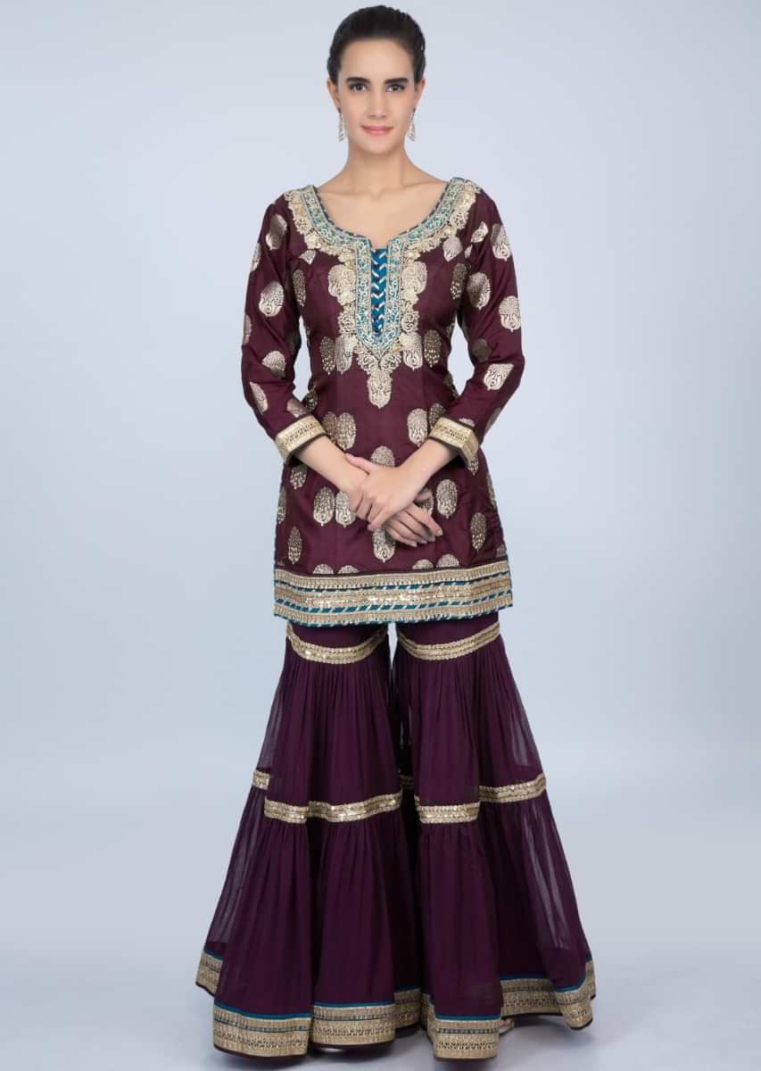Plum sharara suit set with brocade butti only on kalki