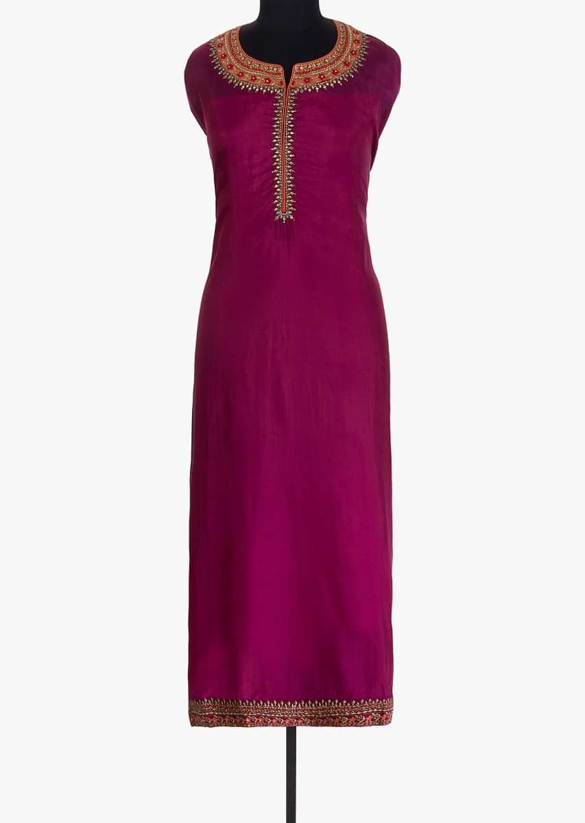 Plum unstitched silk suit with embroidered placket and neckline