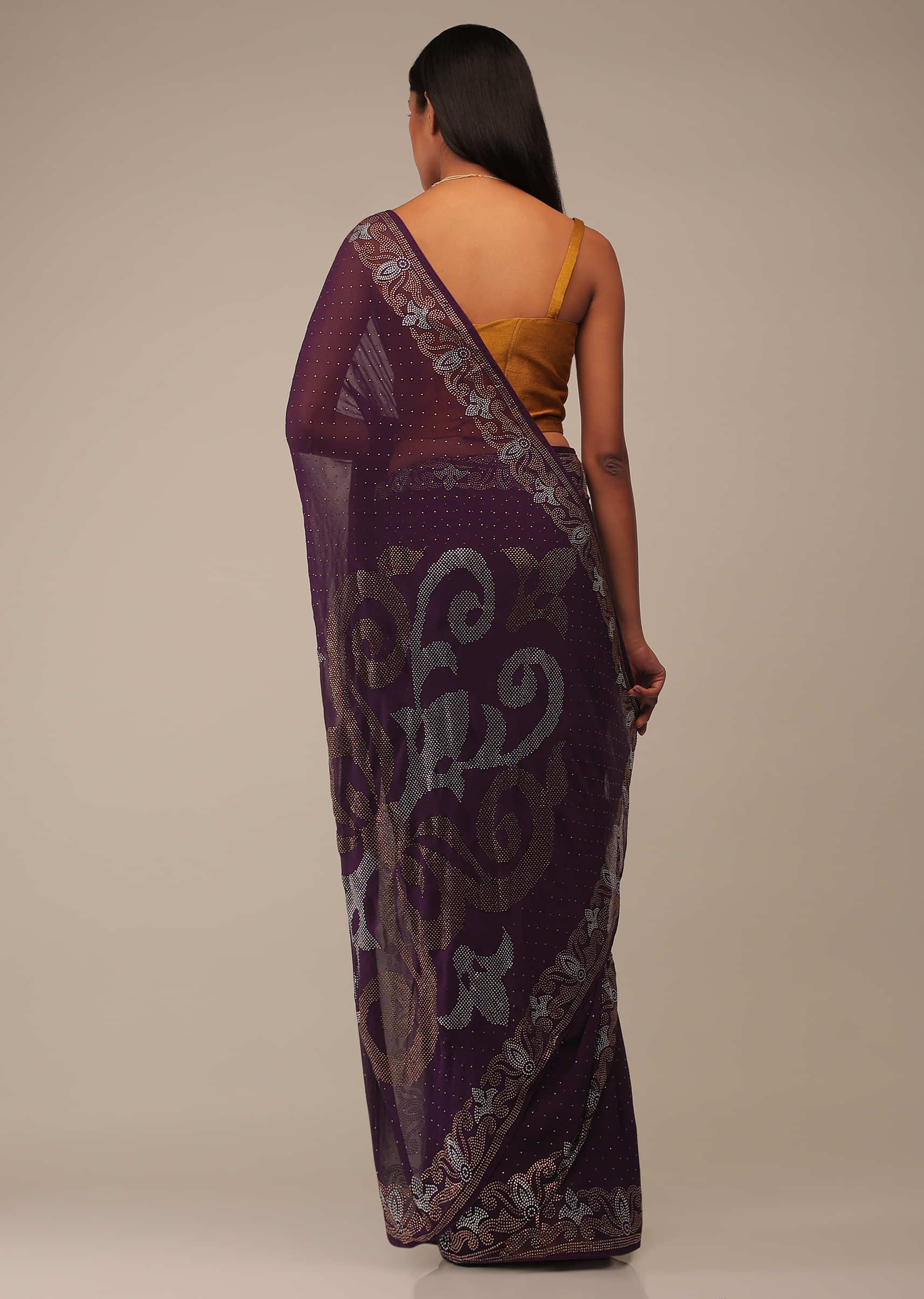 Shadow Purple Saree In Georgette Embellished With Multicolored Stones