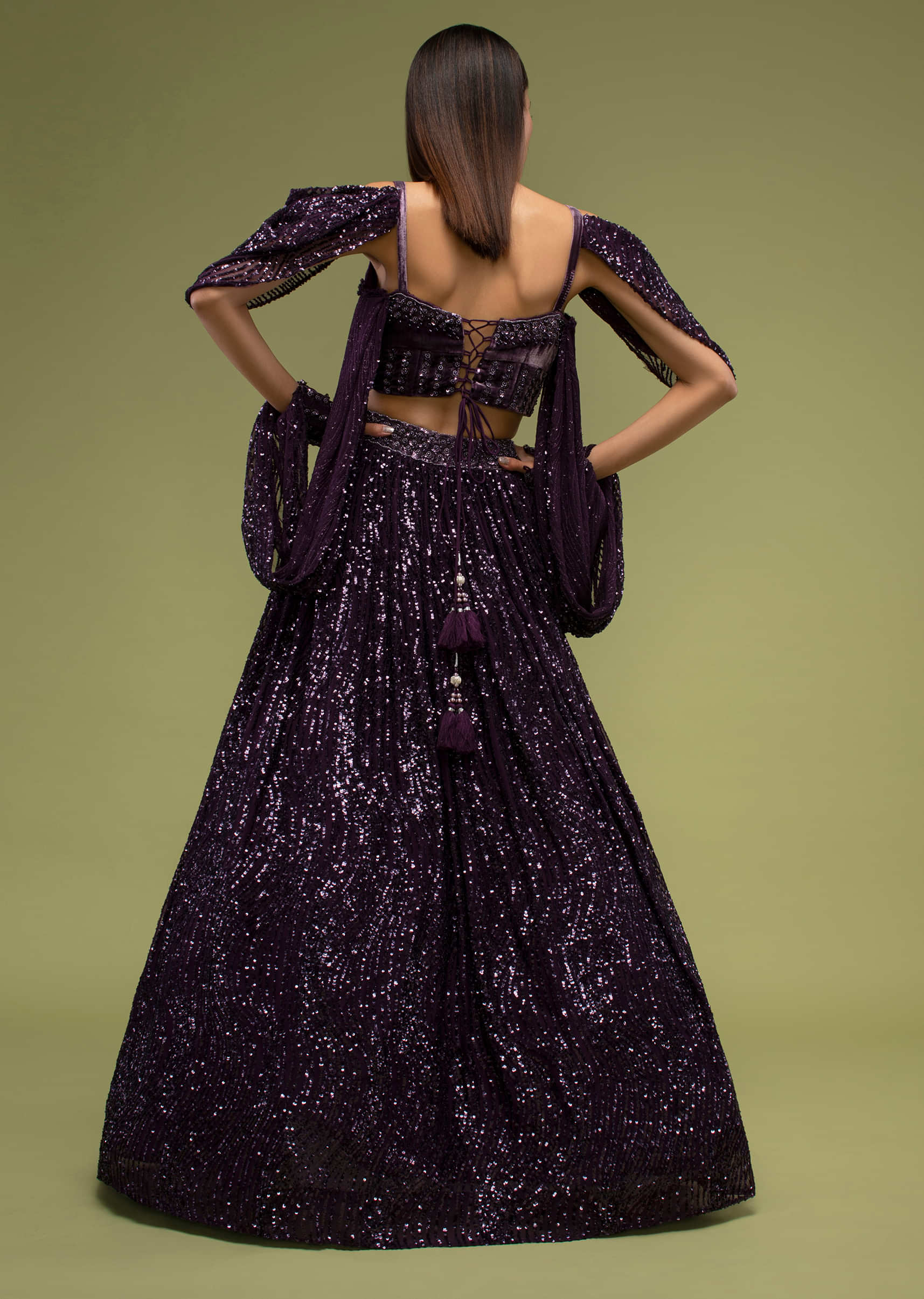 Plum Violet Lehenga And Crop Top In Velvet, Paired With A Cape  Crafted Iin Net With Cuffs At The Border
