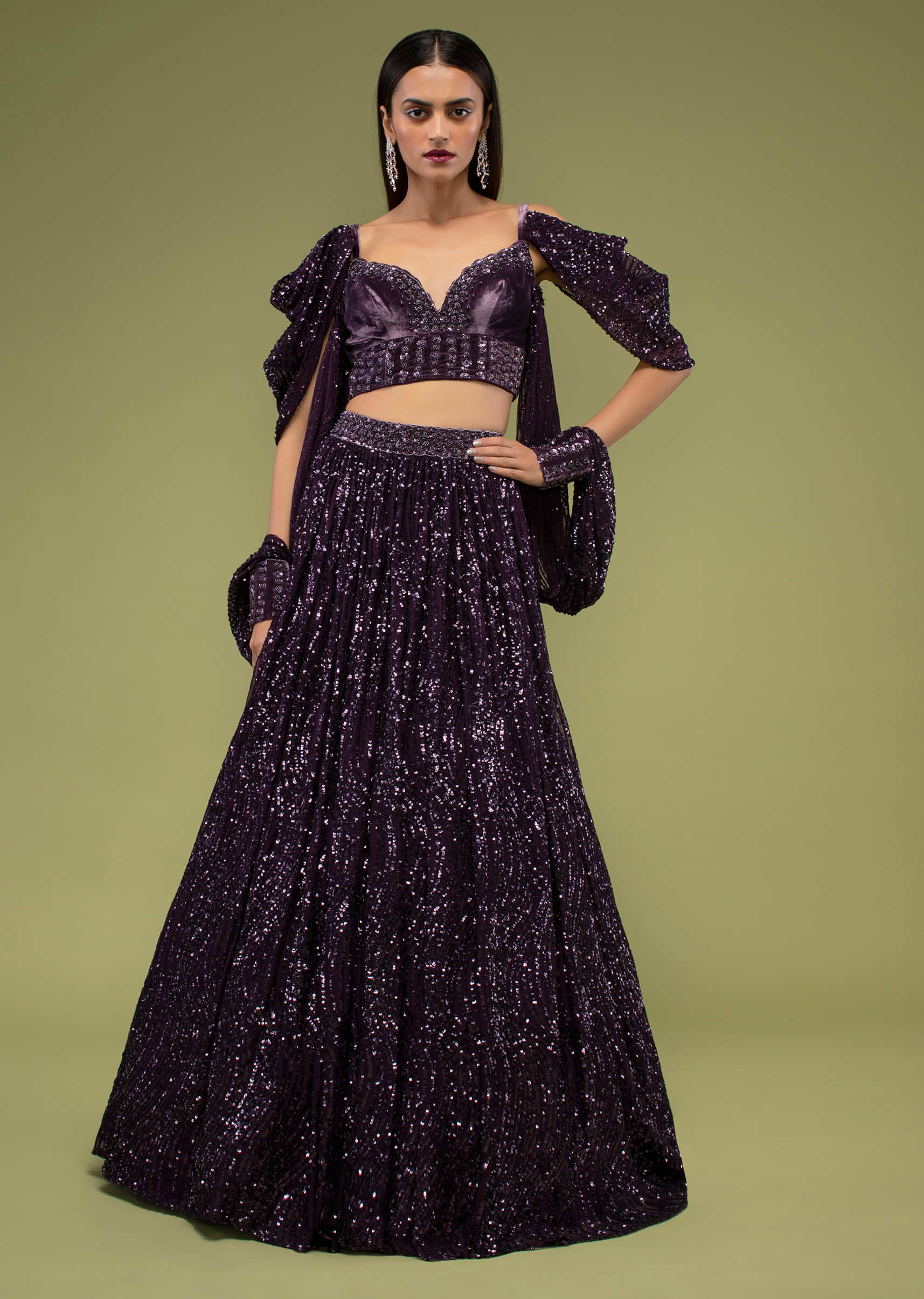 Plum Violet Lehenga And Crop Top In Velvet, Paired With A Cape  Crafted Iin Net With Cuffs At The Border