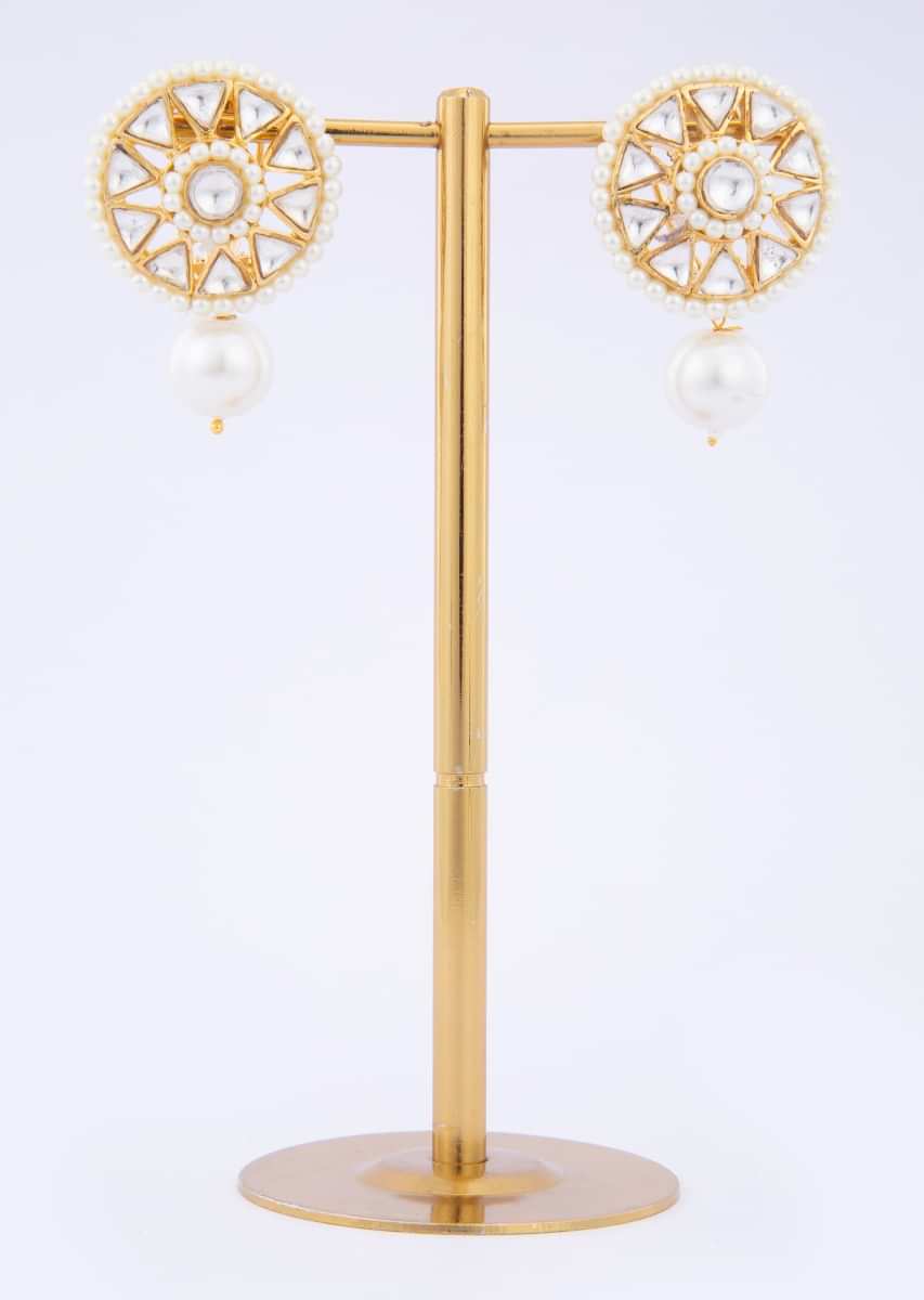 Polki kundan studded Cluster earring with pearl drop only on Kalki