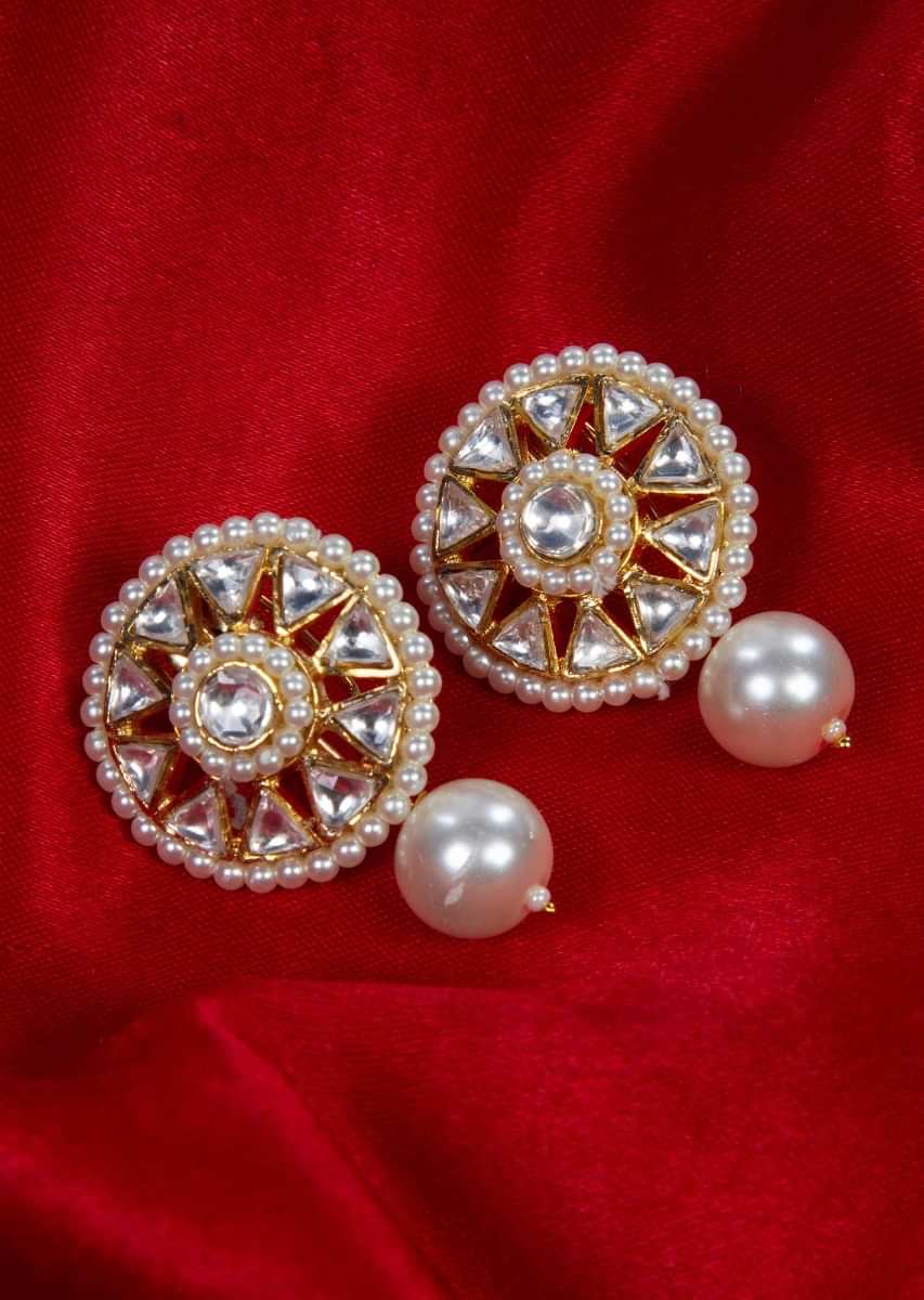 Polki kundan studded Cluster earring with pearl drop only on Kalki