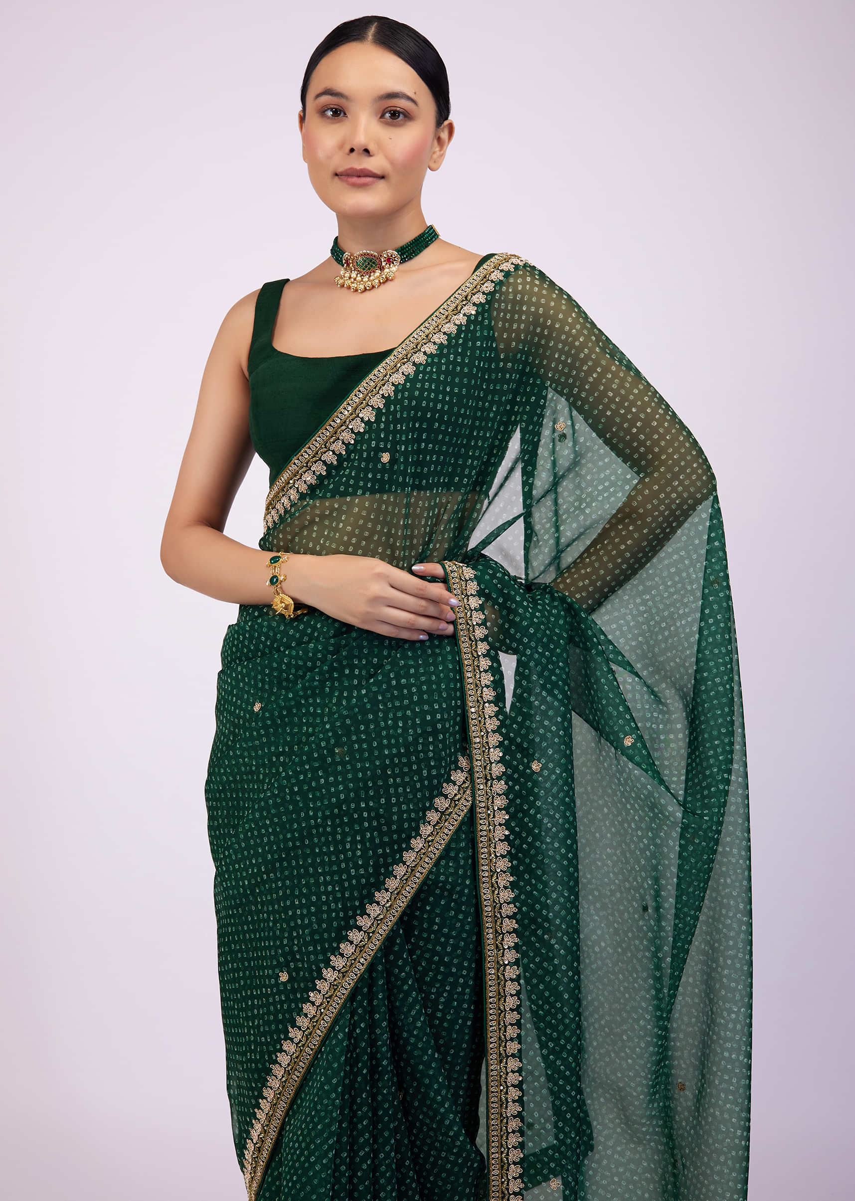 Deep Green Saree In Organza With Bandhani Print And Embroidery