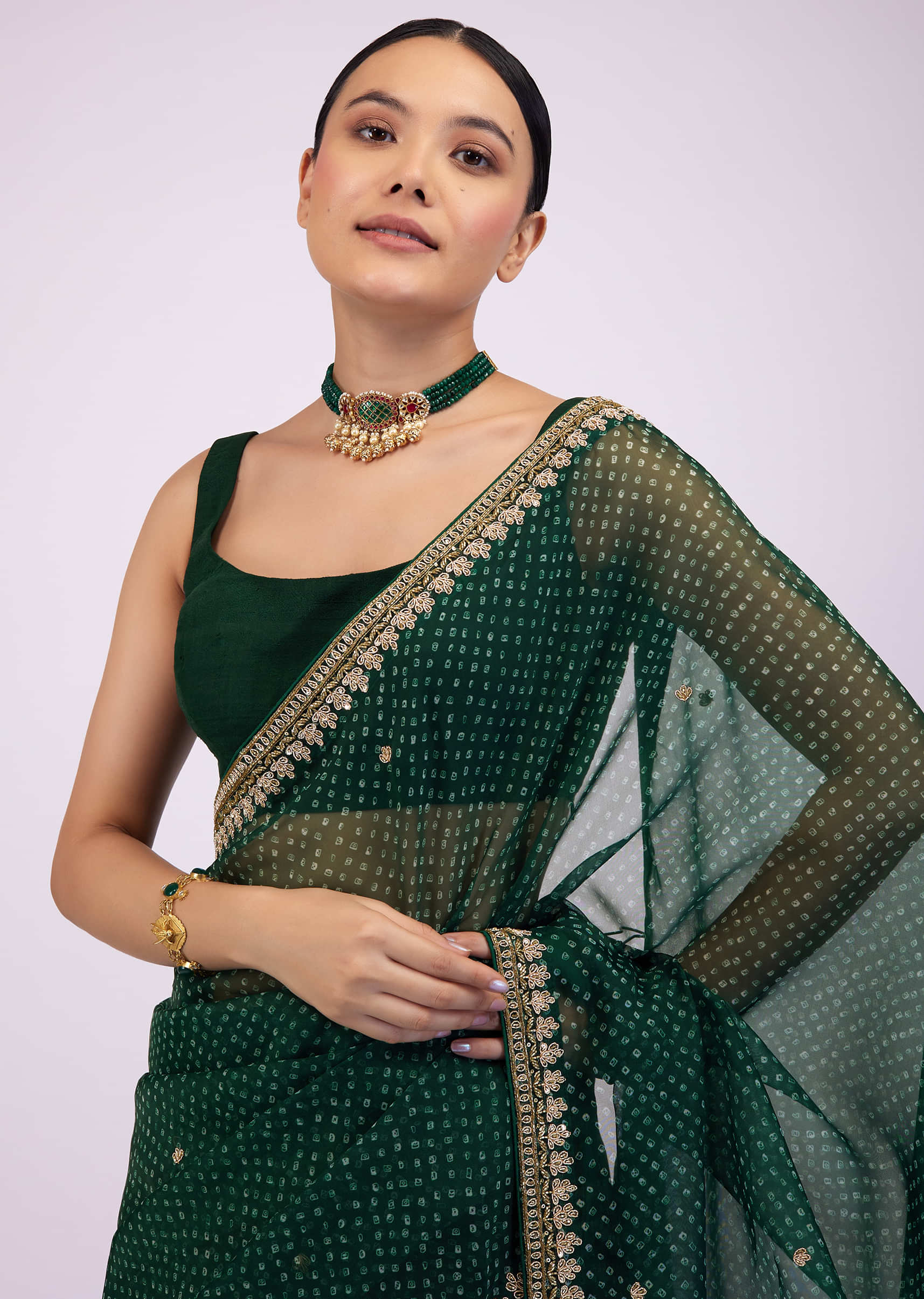 Deep Green Saree In Organza With Bandhani Print And Embroidery