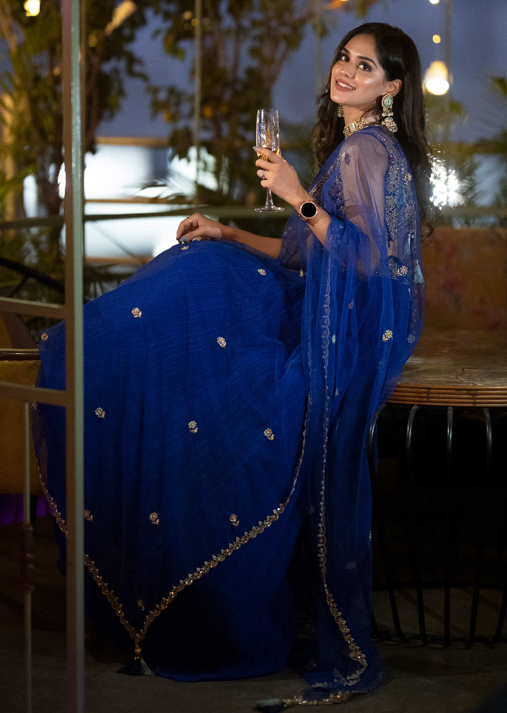 Pooja Mundhra In Kalki Royal Blue Gathered Skirt And Crop Top With Embossed Hand Embroidery In Floral Motifs