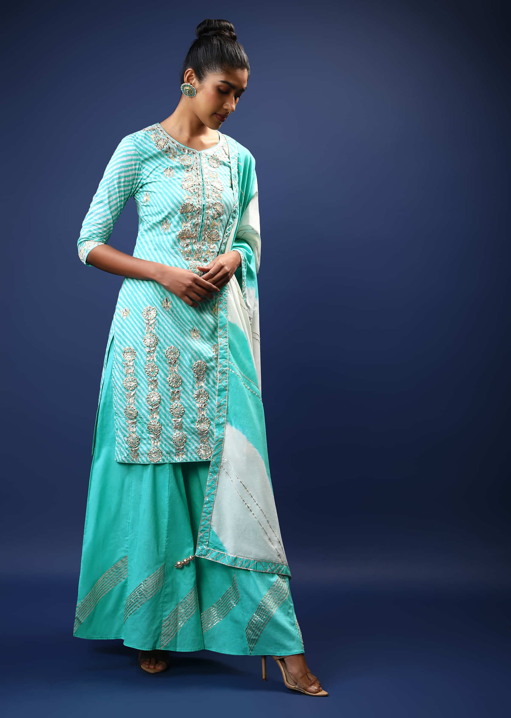 Pool Blue Sharara Suit With Lehariya Print And Gotta Patti Embroidered Floral Motifs  