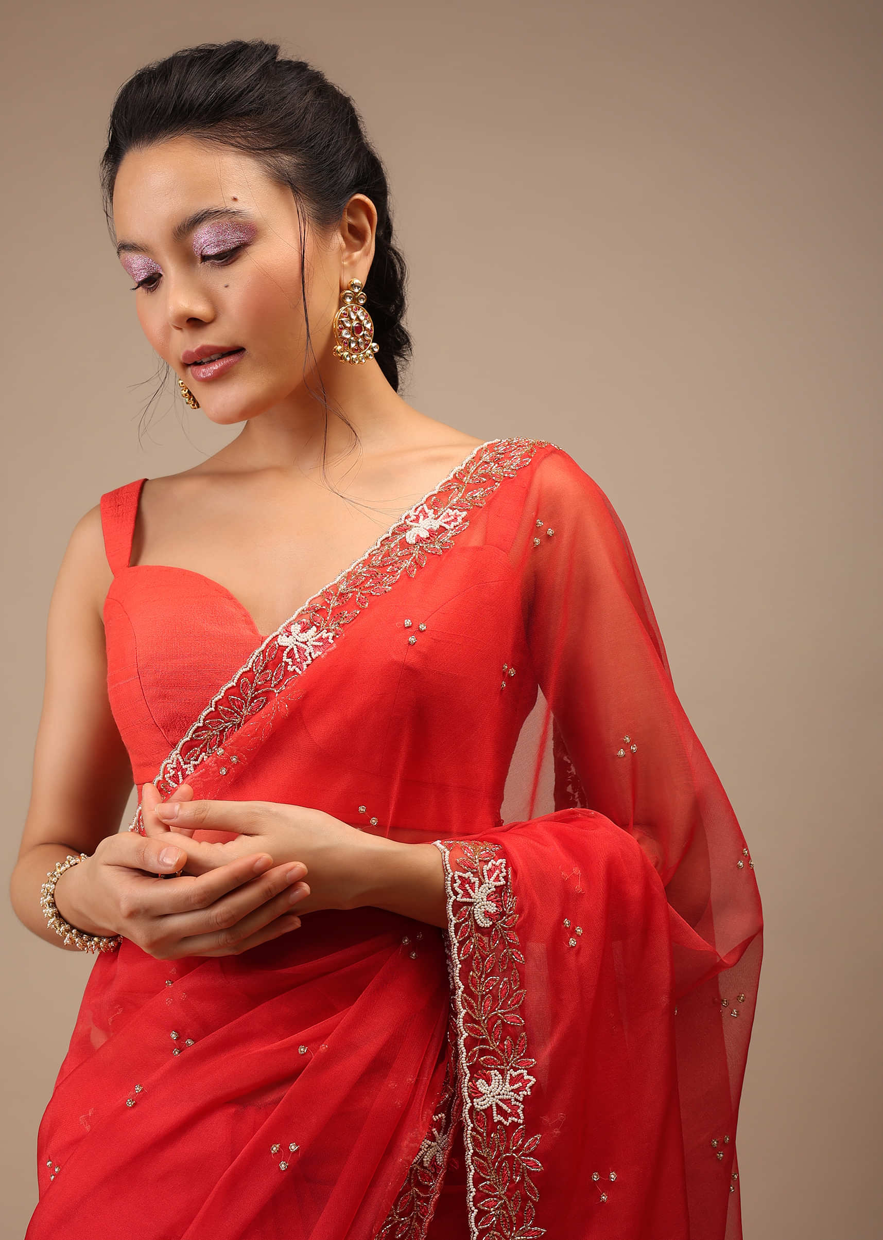 Poppy Red Organza Saree With Pink Resham Work, Cut Dana And Floral Embroidery Buttis