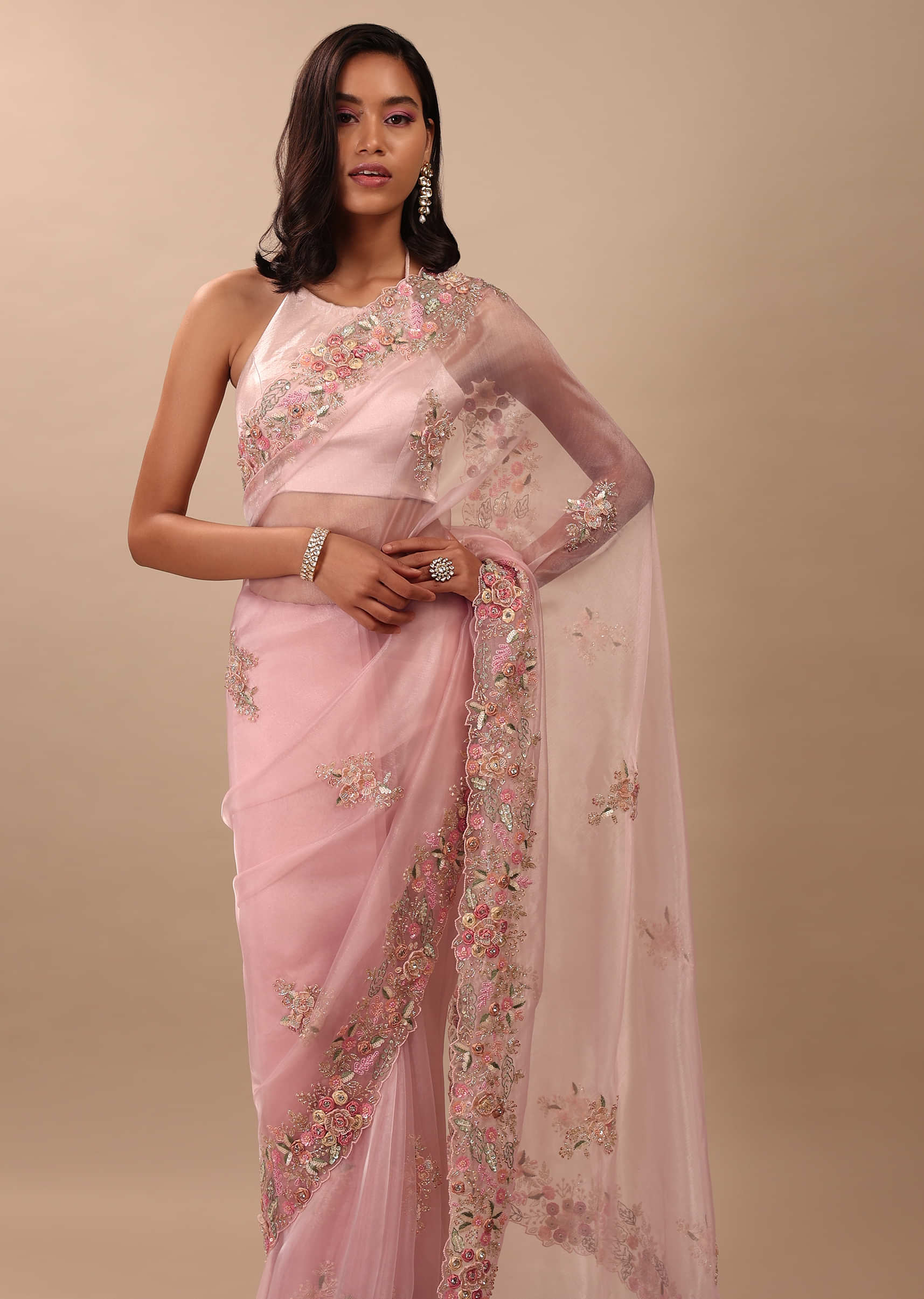 Blush Pink Saree In Glass Tissue With 3D Floral Embroidery In Moti, Sequin & Cut Dana