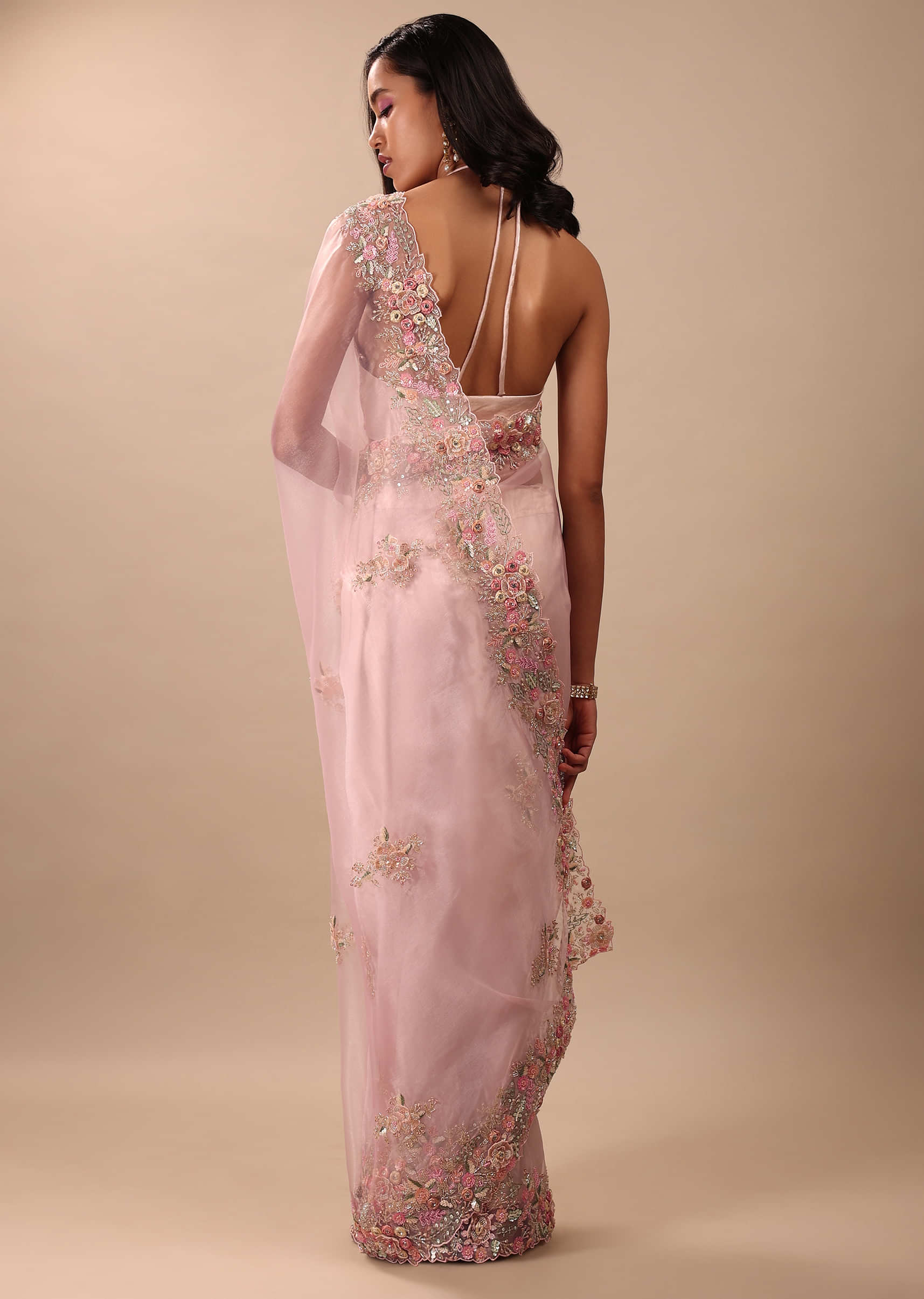 Blush Pink Saree In Glass Tissue With 3D Floral Embroidery In Moti, Sequin & Cut Dana