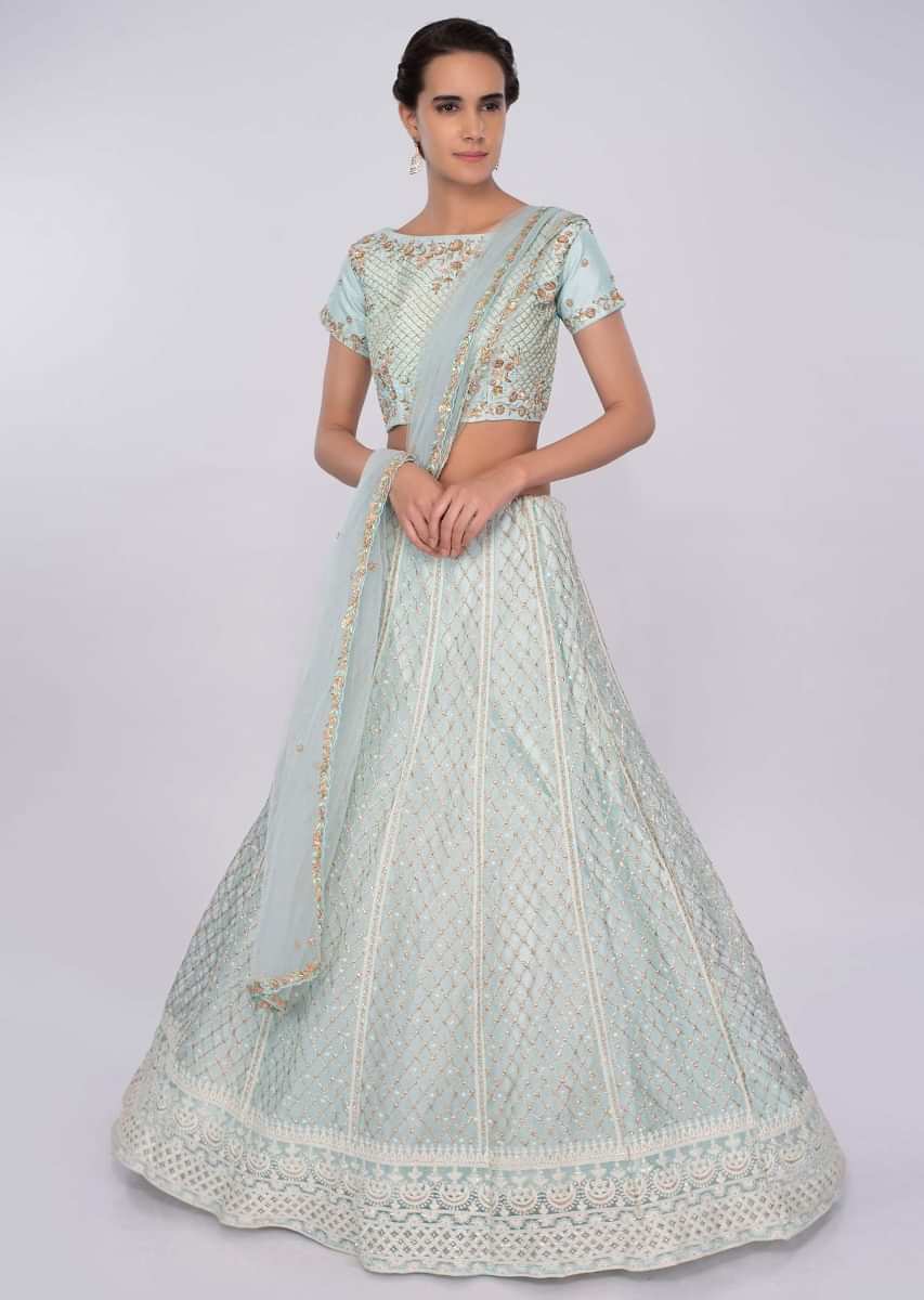 Powder blue  net lehenga with matching embroidered raw silk blouse and net dupatta only on kalki