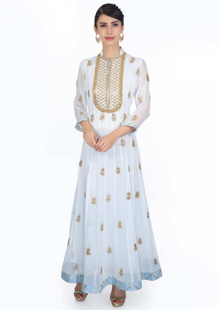 Buy Powder Blue Anarkali Dress In Gotta Patch Embroidery Paired With ...