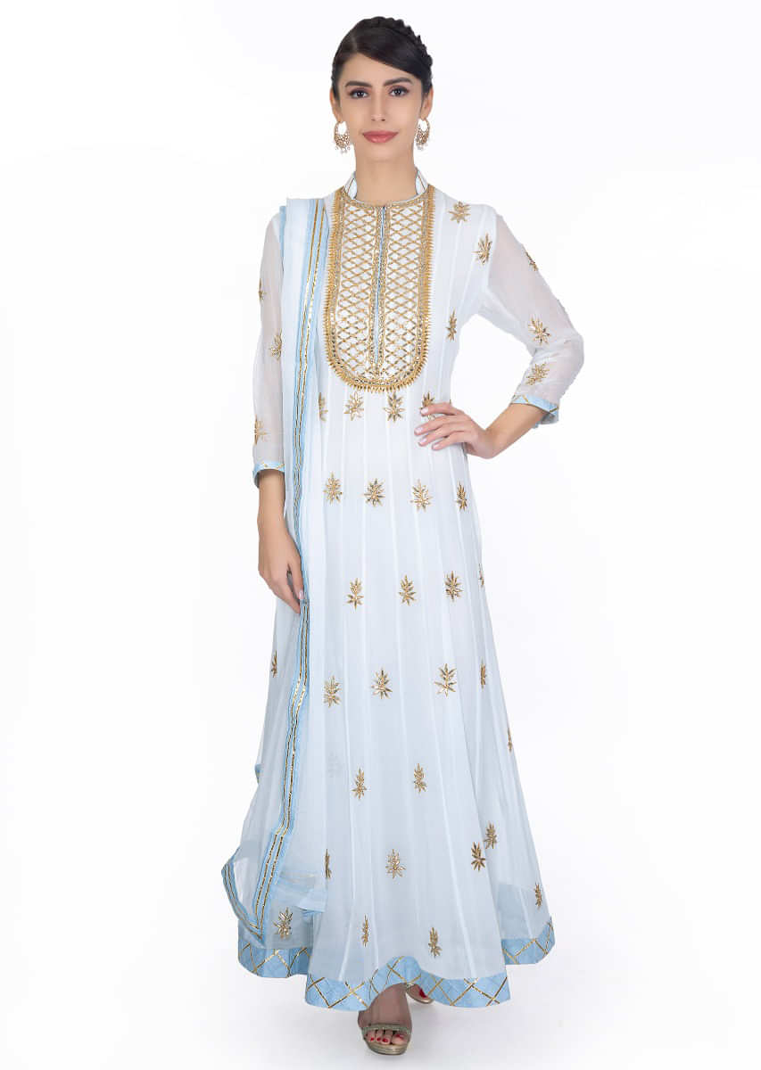 Powder Blue Anarkali Dress In Gotta Patch Embroidery Paired With Matching Chiffon Dupatta Online - Kalki Fashion