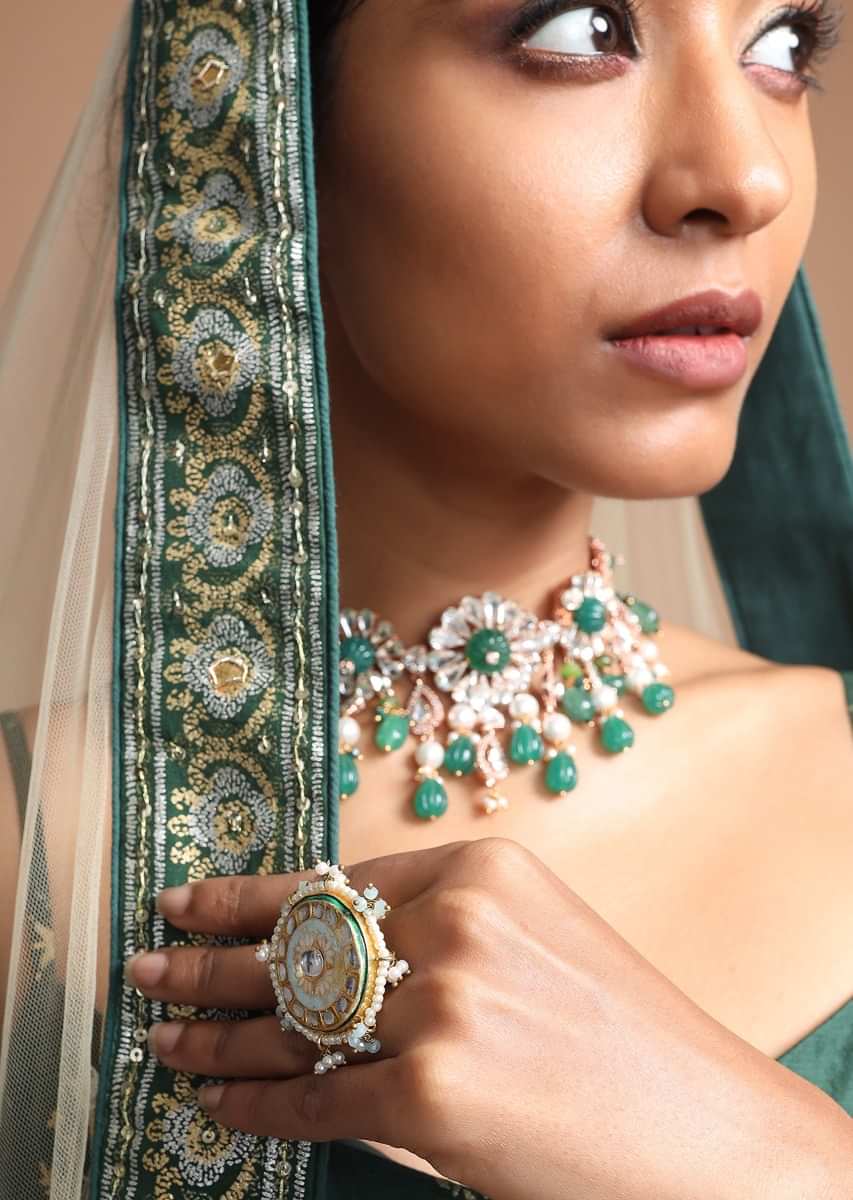 Powder Blue Circular Ring With Minawork Set With Kundan And Moti Borders Along With Beads 