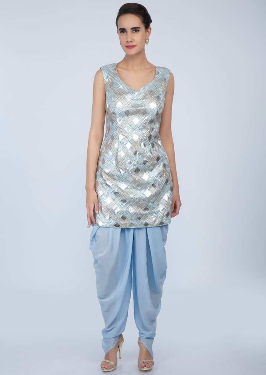 Powder Blue Dhoti Suit In Lurex And Gotta Patch Jaal Work Online - Kalki Fashion