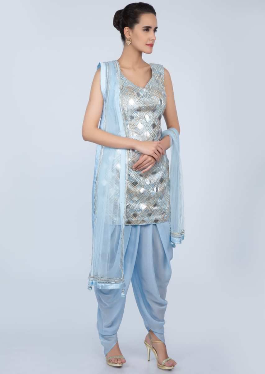Powder Blue Dhoti Suit In Lurex And Gotta Patch Jaal Work Online - Kalki Fashion