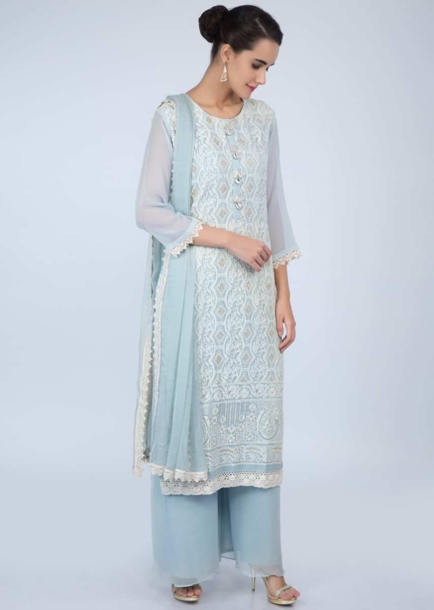 Powder blue georgette palazzo suit set in chicken embroidery only on Kalki