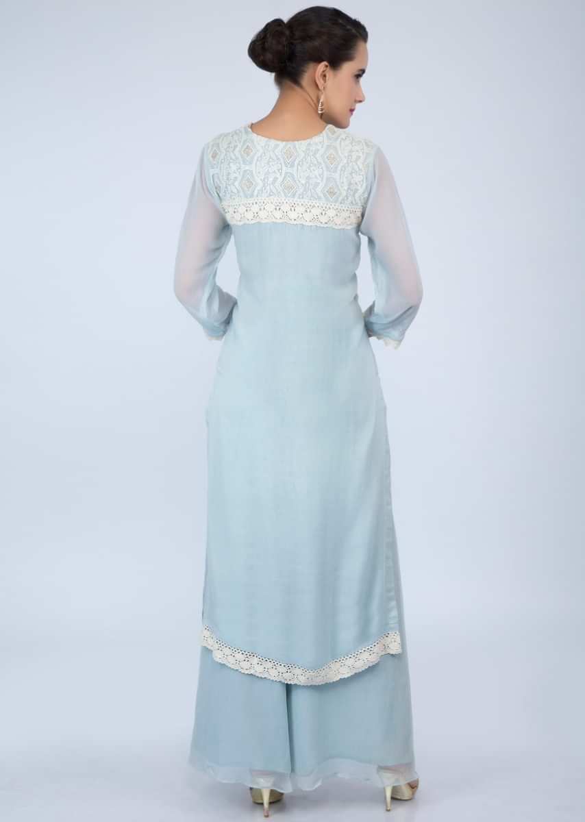 Powder blue georgette palazzo suit set in chicken embroidery only on Kalki