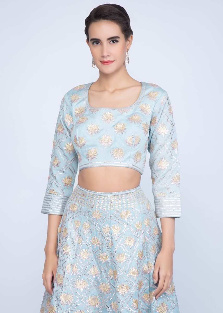 Powder Blue Lehenga Set In Lace Embroidered Cotton With Off White Net Dupatta Online - Kalki Fashion